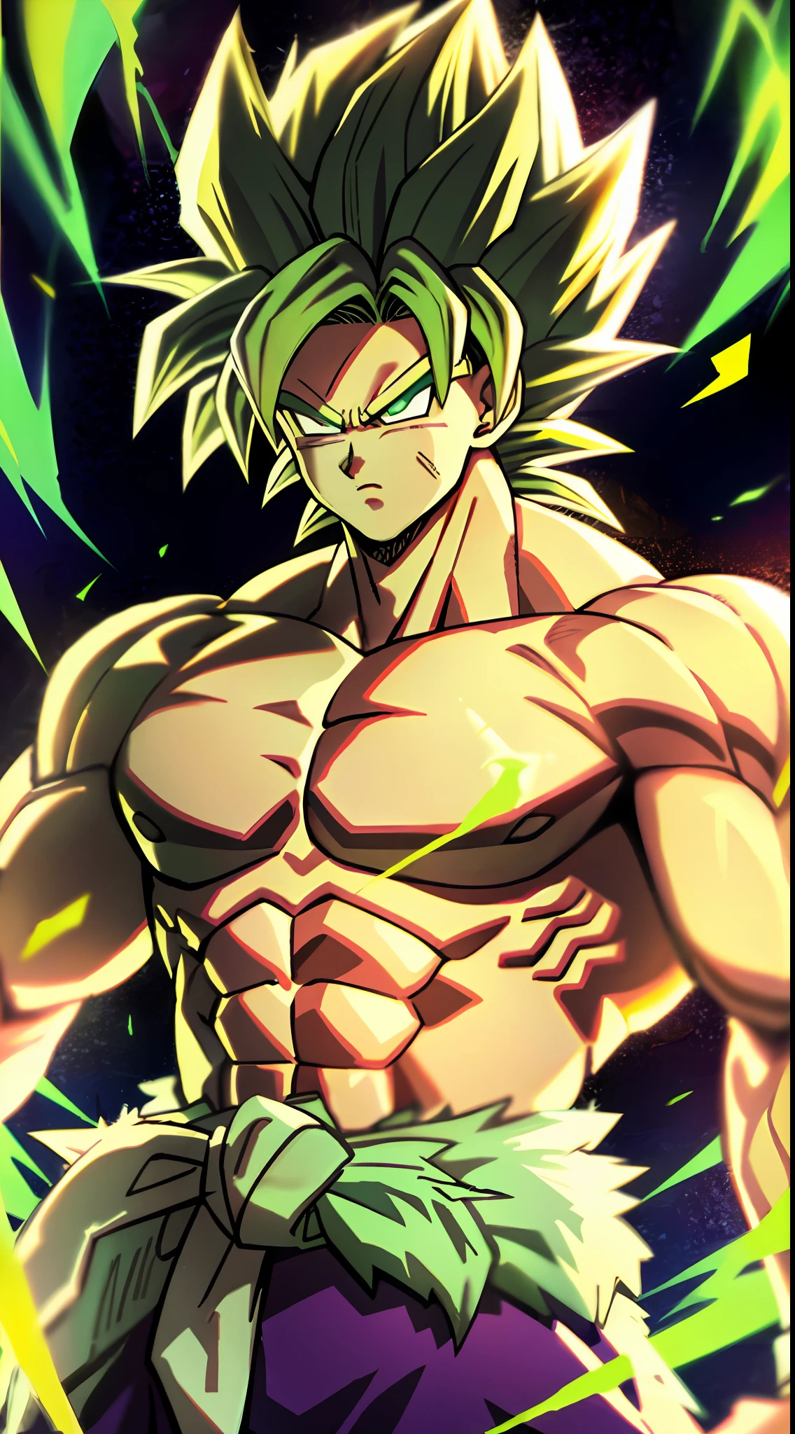 Broly, 1boy, closed mouth, male focus, muscular, muscular male, rock, sash, serious, solo, spiked hair, topless male, torn clothes, legendary super saiyan, green eyes, green hair, ((masterpiece))