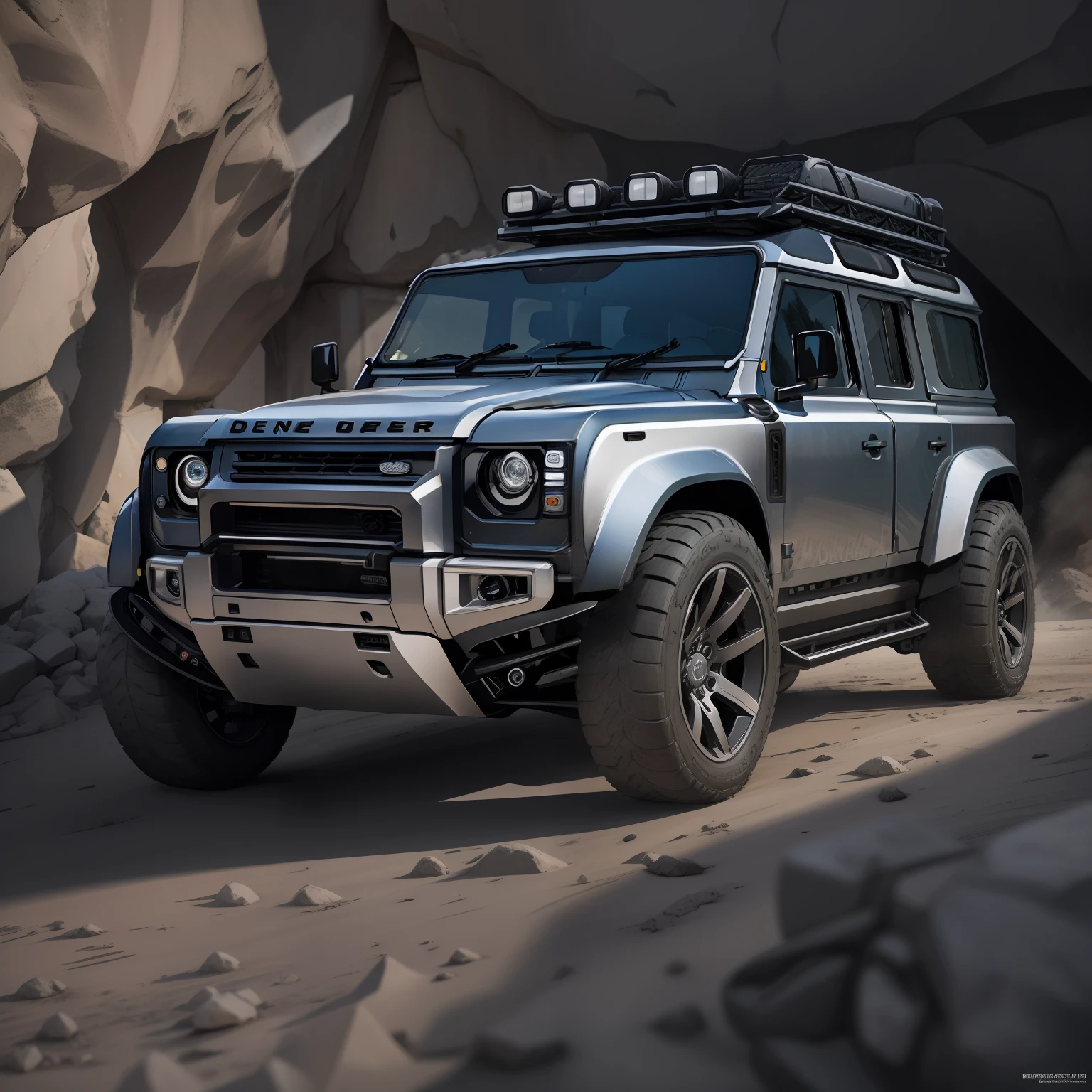 A cinematic photorealistic color digital drawing of 2022 Land Rover Defender, extreme modified and styled by Kahn Design, insanely detailed and intricate, crisp sharp and clear, volumetric lighting, ultra-high resolution, masterpiece hyper realistic artwork Frank Bellamy, centered, Professional color grading by Kenneth Hines Jr.