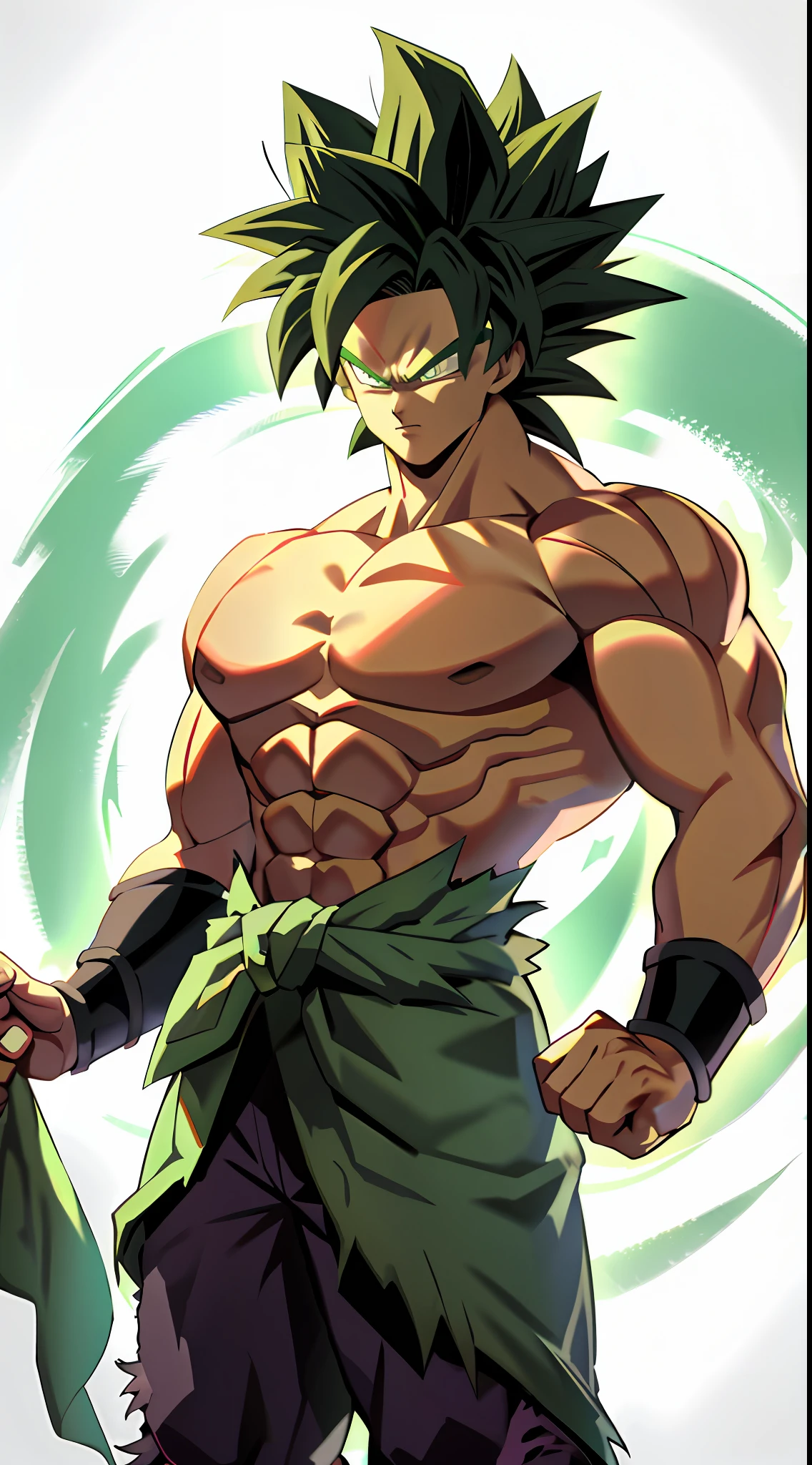 Broly, 1boy, closed mouth, male focus, muscular, muscular male, rock, sash, serious, solo, spiked hair, topless male, torn clothes, legendary super saiyan, green eyes, green hair, ((masterpiece))