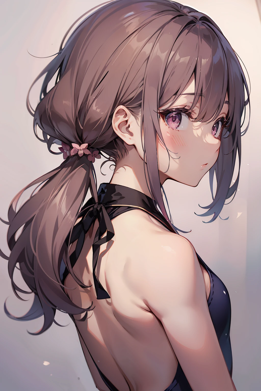 high-level image quality、top-quality、Detailed drawing、Does not blush cheeks、Slender beauty、Docile、Pink School Swimsuit、Small eyes、Smaller chest、poneyTail、Show your back、Back Angle、a bed