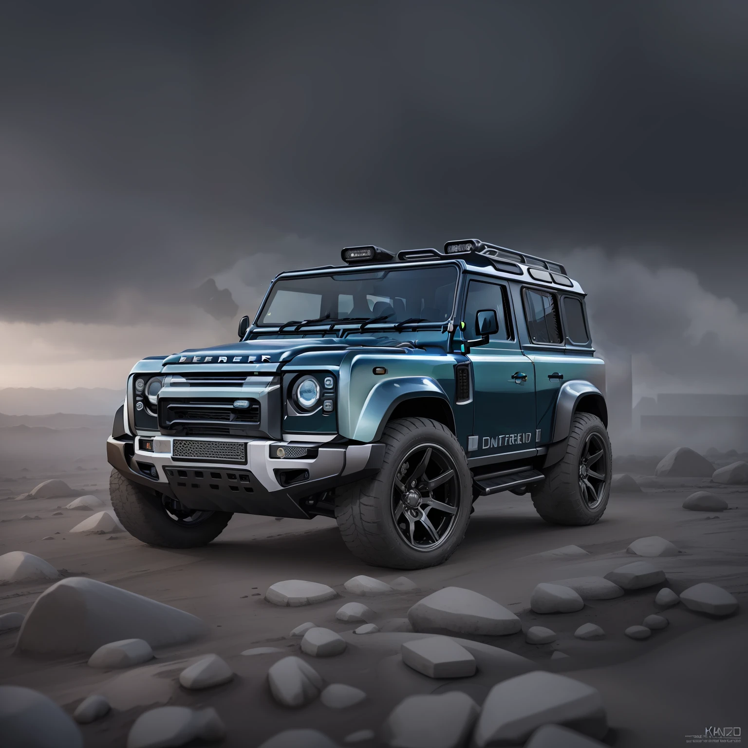 A cinematic photorealistic color digital drawing of 2022 Land Rover Defender, extreme modified and styled by Kahn Design, insanely detailed and intricate, crisp sharp and clear, volumetric lighting, ultra-high resolution, masterpiece hyper realistic artwork Frank Bellamy, centered, Professional color grading by Kenneth Hines Jr.