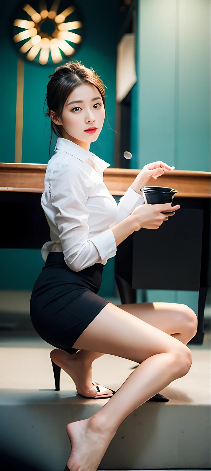 The Aalfed woman sat in a chair,With a cup of coffee in his hand, Hold the edge of the table with your left hand,office clothes, smooth white tight clothes suit, white shirt and grey skirt, skinny waist and thick hips, Good hips and long legs, cute elegant pose, side pose, thighhighs and skirt, woman model, Attractive pose, sittinng on the desk, spellbinding,spellbinding, Business clothes