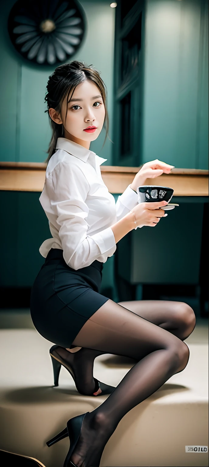 The Aalfed woman sat in a chair，With a cup of coffee in his hand, Hold the edge of the table with your left hand,office clothes, smooth white tight clothes suit, white shirt and grey skirt, skinny waist and thick hips, Good hips and long legs, cute elegant pose, side pose, thighhighs and skirt, woman model, Attractive pose, sittinng on the desk, spellbinding，spellbinding, Business clothes