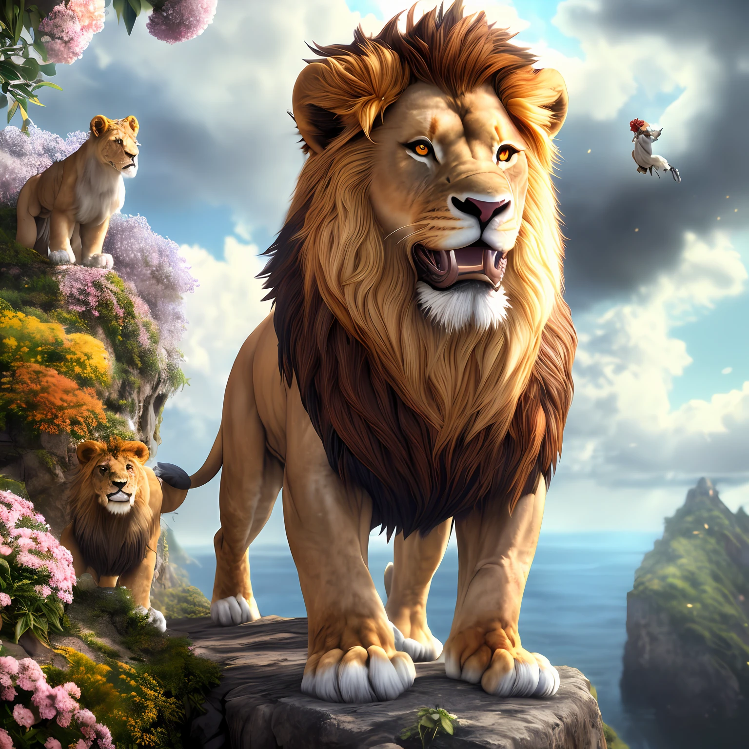 muscle, male, (lion head:1.0), furry, kemono, dressed as a prince standing on a cliff with flowers behind him, cloulds in the sky, photo, realism, cgi, (fighting pose:1.2), tekken, eye glow, broad waist, nipple, red hair, (baki:1.2), teeth, (steam:1.0), high detail, castle, masterpiece, (HDR)(wallpaper)(movie lighting)(sharp focus), masterpiece, best quality, (extremely detailed CG unity 8k wallpaper), (best quality)