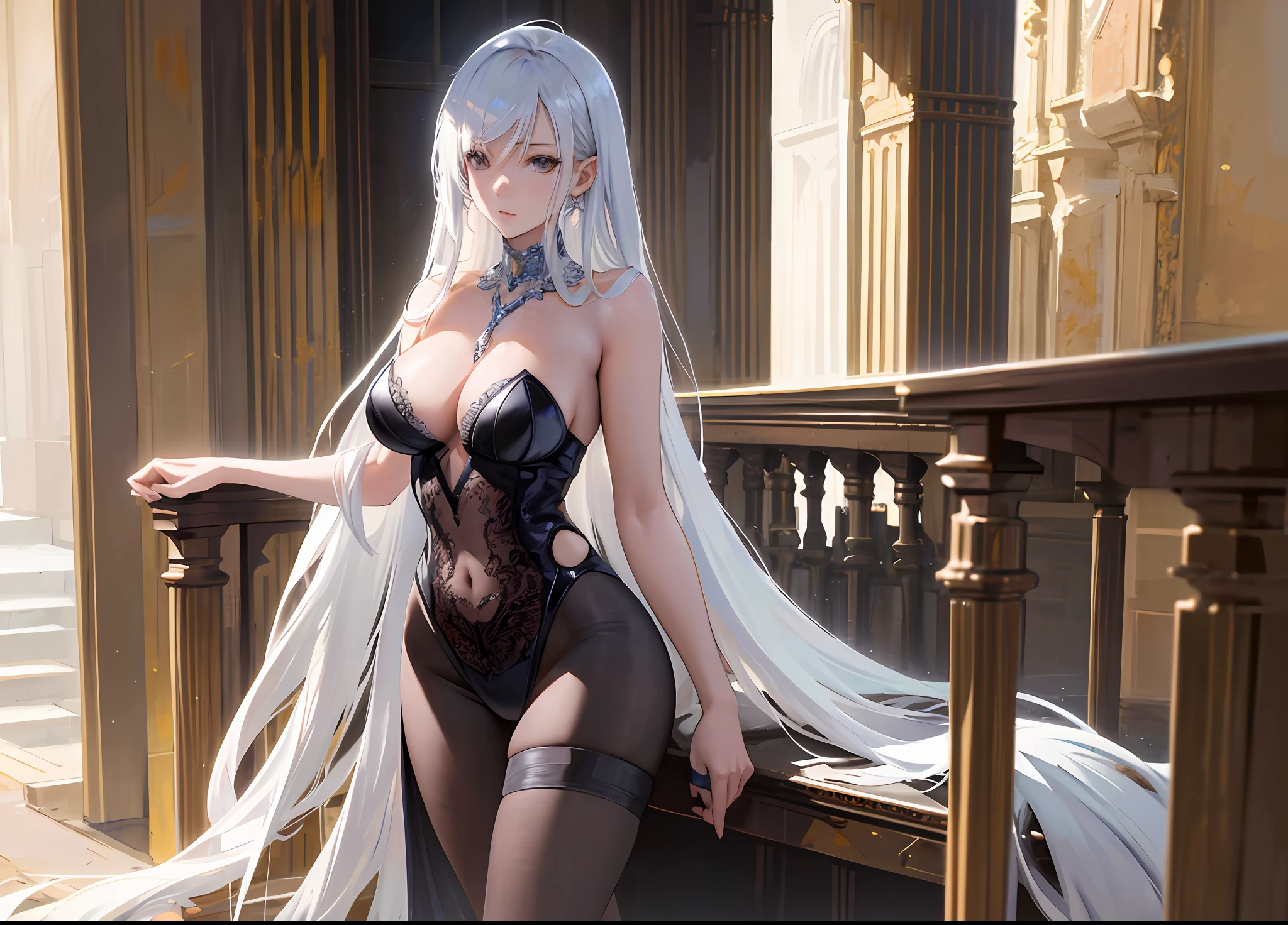 Master anime work, impeccable masterpiece, a sexy mature modern woman in cool sexy modern clothes standing on a pure white background, flowing silver hair, full body standing posture, slender legs, straight breasts, detailed face details, natural and beautiful standing posture, vivid and real body details