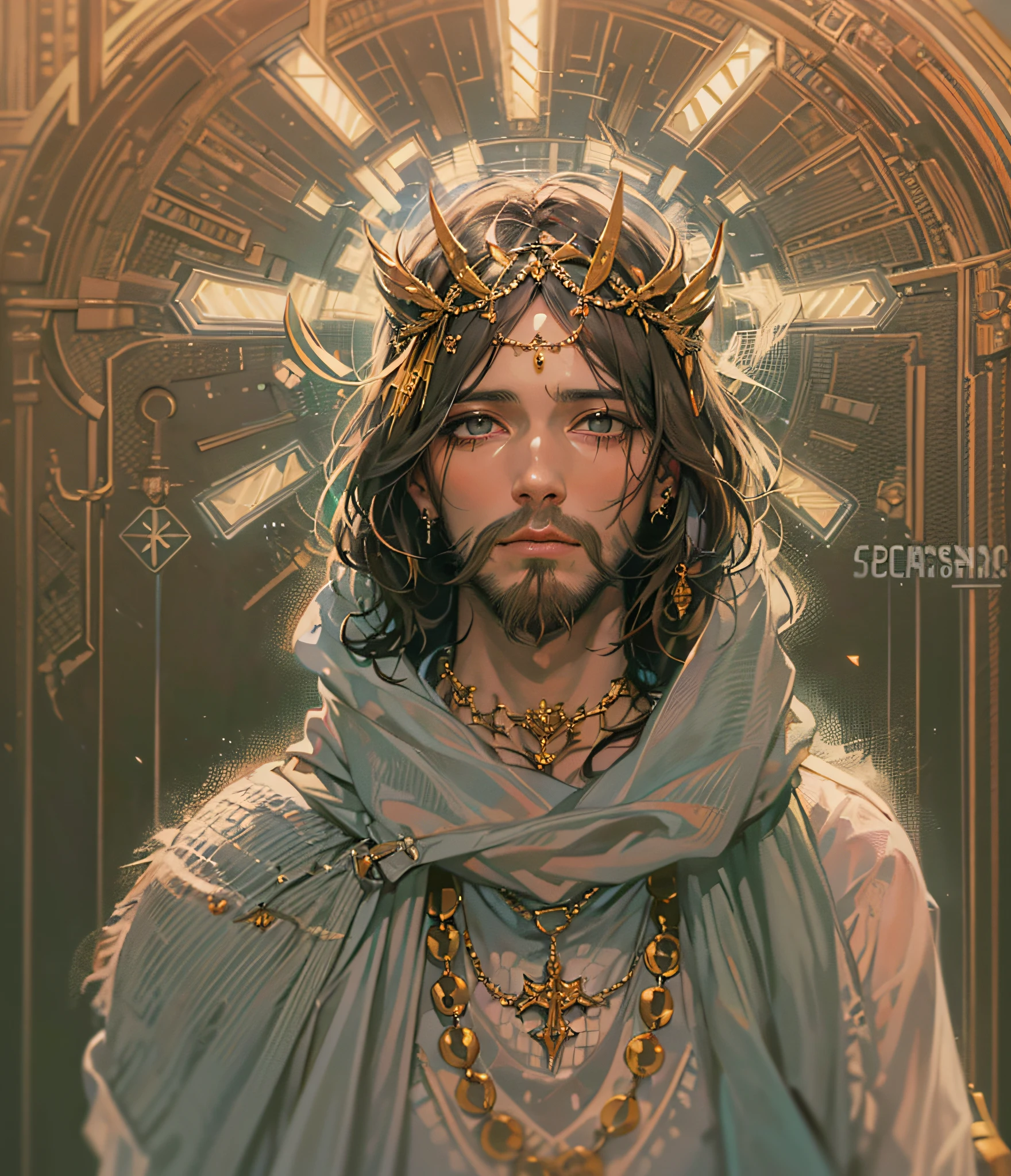 Jesus , anime de una pieza, hombre, aretes, cara, cabello verde, jewely, enfoque masculino, aire libre, cabello corto, symmetrical body, retrato, cinematography lighting, alto contraste, Art Station, arte conceptual del personaje, 8K, fondo simple, cicatriz sobre un ojo