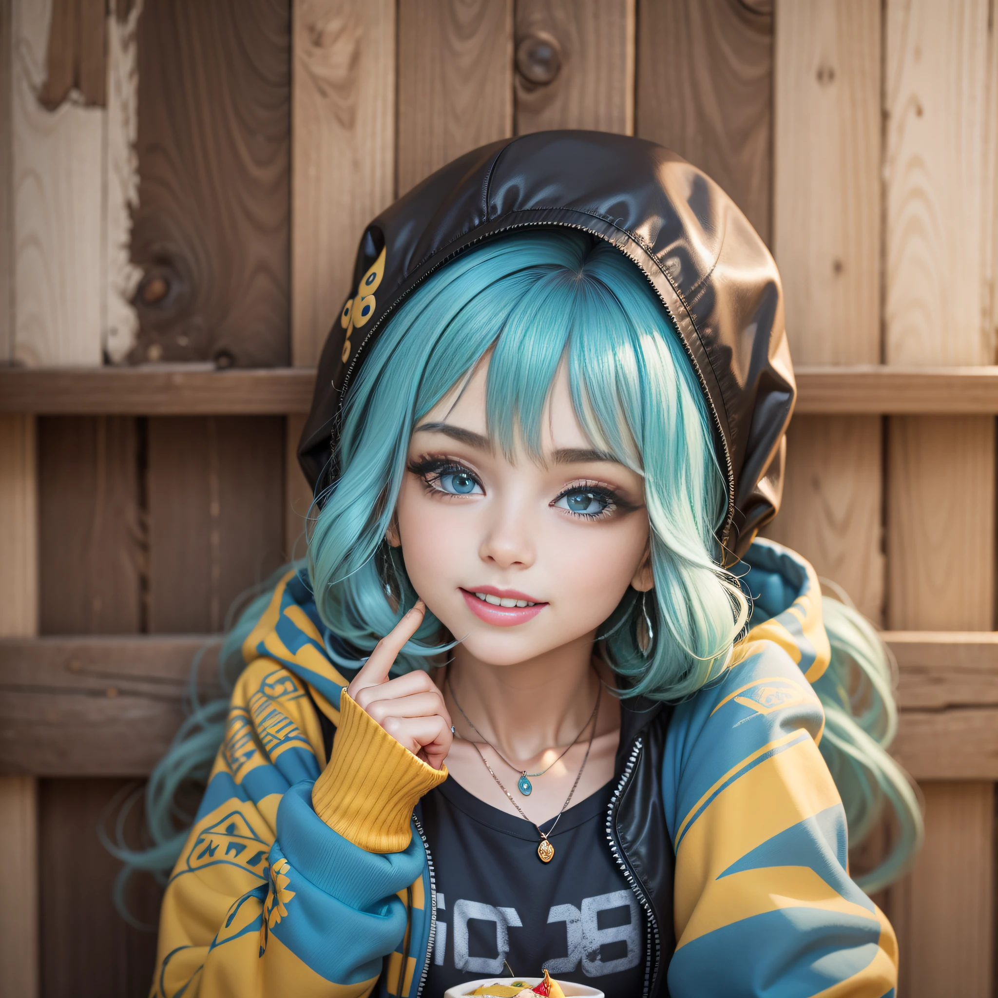 solo, 1girl, sorriso, boca fechada, cotovelos na mesa, cabelo azul longo, cabelo entre os olhos, ornamento de cabelo estrela, olhos azuis, jaqueta azul, jaqueta aberta, print shirt, jewelries, colar, comida, burger, copo, parte superior do corpo