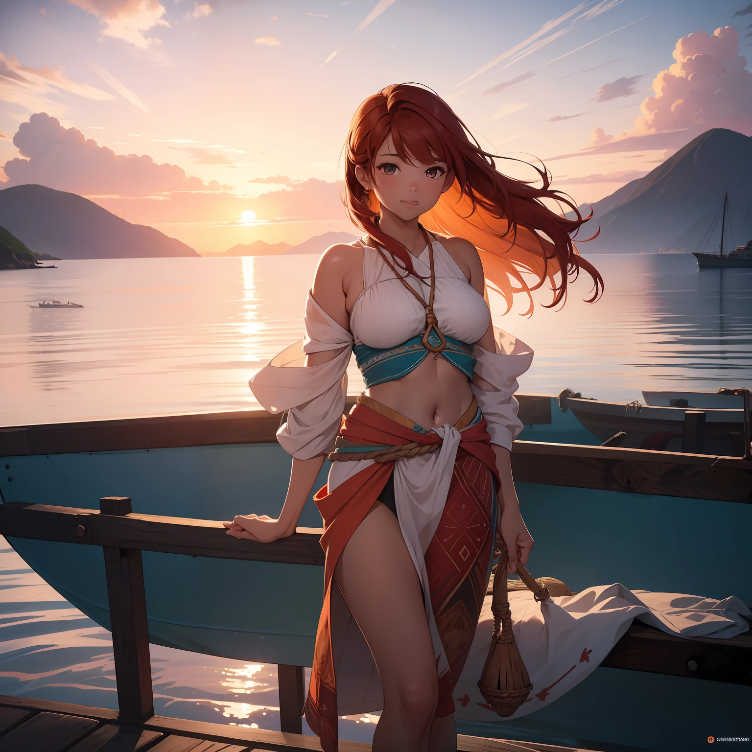 (masterpiece, best quality, ultra HD, 8k, wallpaper), cinematic feel, full body view, red hair, perfect body, perfect anatomy, curvaceous, alluring, nice hands, perfect eyes, detailed eyes, large , long round legs, round ass, ine vast expanse of the sparkling sea, amid the breathtaking panorama of majestic mountains and a clear, hot sky, we find our protagonist—a graceful and beautiful female fisherman, she is a skilled and adventurous seafarer, known for her deep connection with the ocean and her native roots, aboard her small, sturdy fishing boat, sailing gracefully through the shimmering waters, the boat is adorned with colorful seashells and traditional tribal patterns, reflecting her rich cultural heritage and love for the sea, the boat's sails flutter in the gentle sea breeze, and the deck is filled with an assortment fishing gear and nautical tools, showcasing her expertise as a seasoned fisherwoman, dressed in a comfortable, two-piece native outfit that allows her to move freely, wears a traditional handwoven top with intricate patterns representing her family's history and a matching sarong wrapped around her waist, made from the finest local materials, complements her elegant and tan complexion, reflecting the sun-kissed glow of a life lived close to the sea, she holds a fish net brimming with the day's abundant catch, the net showcases a myriad of colorful and exotic fish, representing the diversity of marine life she respectfully harvests to sustain her community, surrounding are other small fishing vessels, belonging to her fellow fishermen and women, a grand sailing ship graces the horizon in the distance, the sky is painted with warm hues of orange and pink as the sun begins its descent, casting a radiant glow over the entire scene, seagulls soar gracefully in the sky, their calls harmonizing with the gentle lapping of waves against the boats, the mountains, standing tall and majestic, seem to offer their blessing to the seafarers below