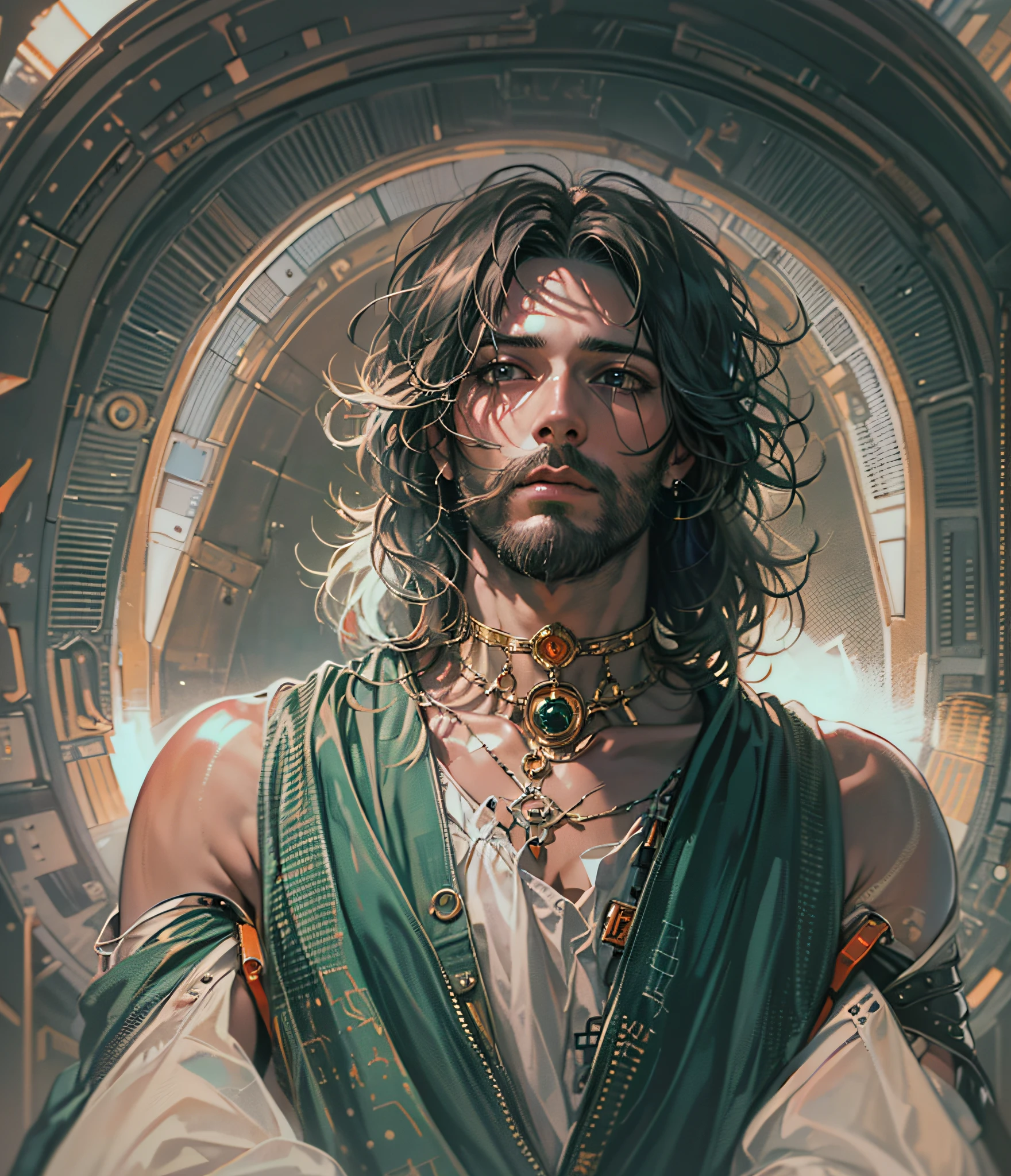 Jesus , anime de una pieza, hombre, aretes, cara, cabello verde, jewely, enfoque masculino, aire libre, cabello corto, symmetrical body, retrato, cinematography lighting, alto contraste, Art Station, arte conceptual del personaje, 8K, fondo simple, cicatriz sobre un ojo