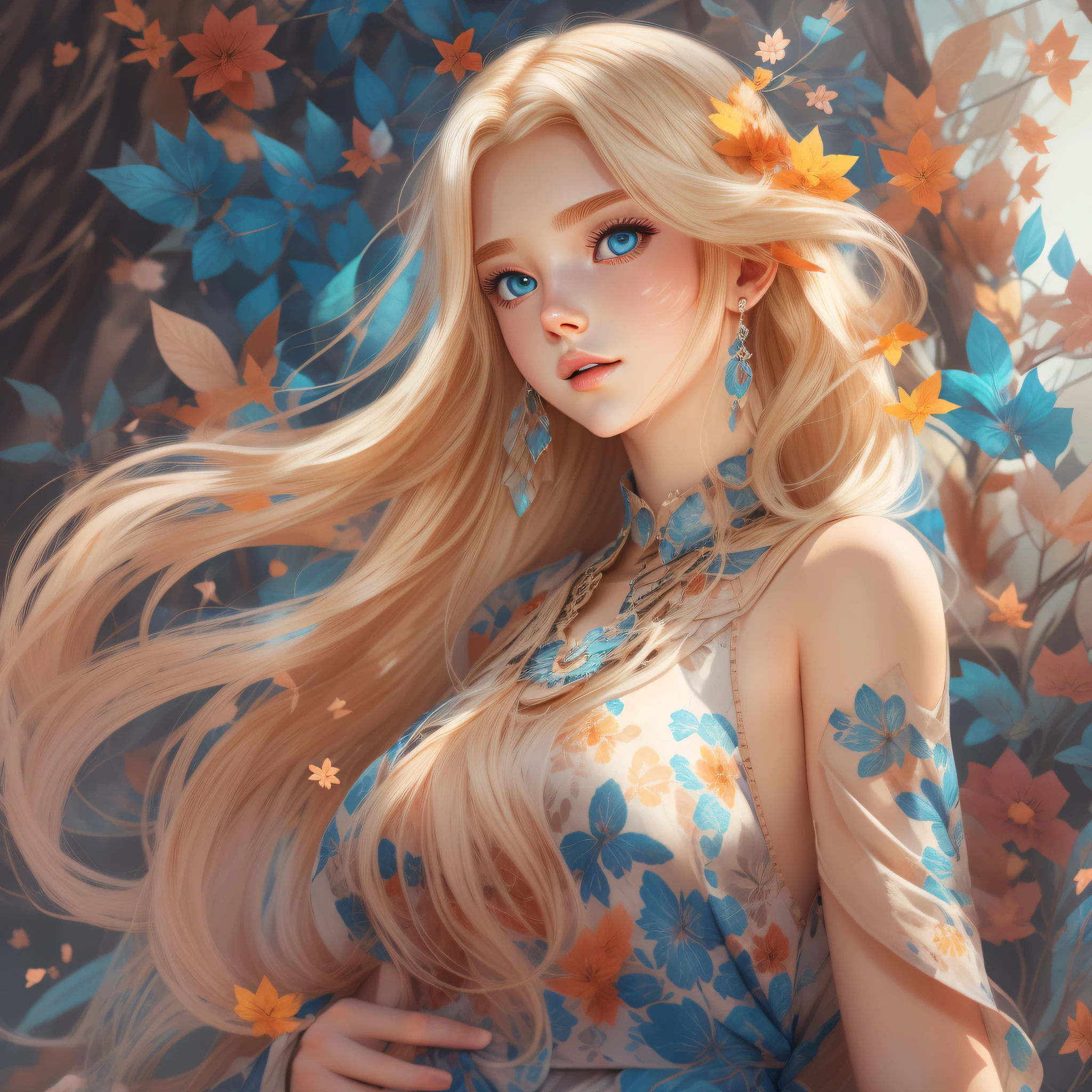 Araffe woman with long blonde hair and blue eyes in fantastic dress made in fabulous fabric, Breathing Style Wild Art, detailed digital anime art, colorful, stunning art style, Artgerm and Atey Ghailan, Zelda Botw, detailed and cute digital art, beautiful digital art, beautiful anime art, Cute anime art style, Trending on ArtStation Pixiv, anime style digital art, Tran Ross style, Vray tracking style, DSLR, 8k