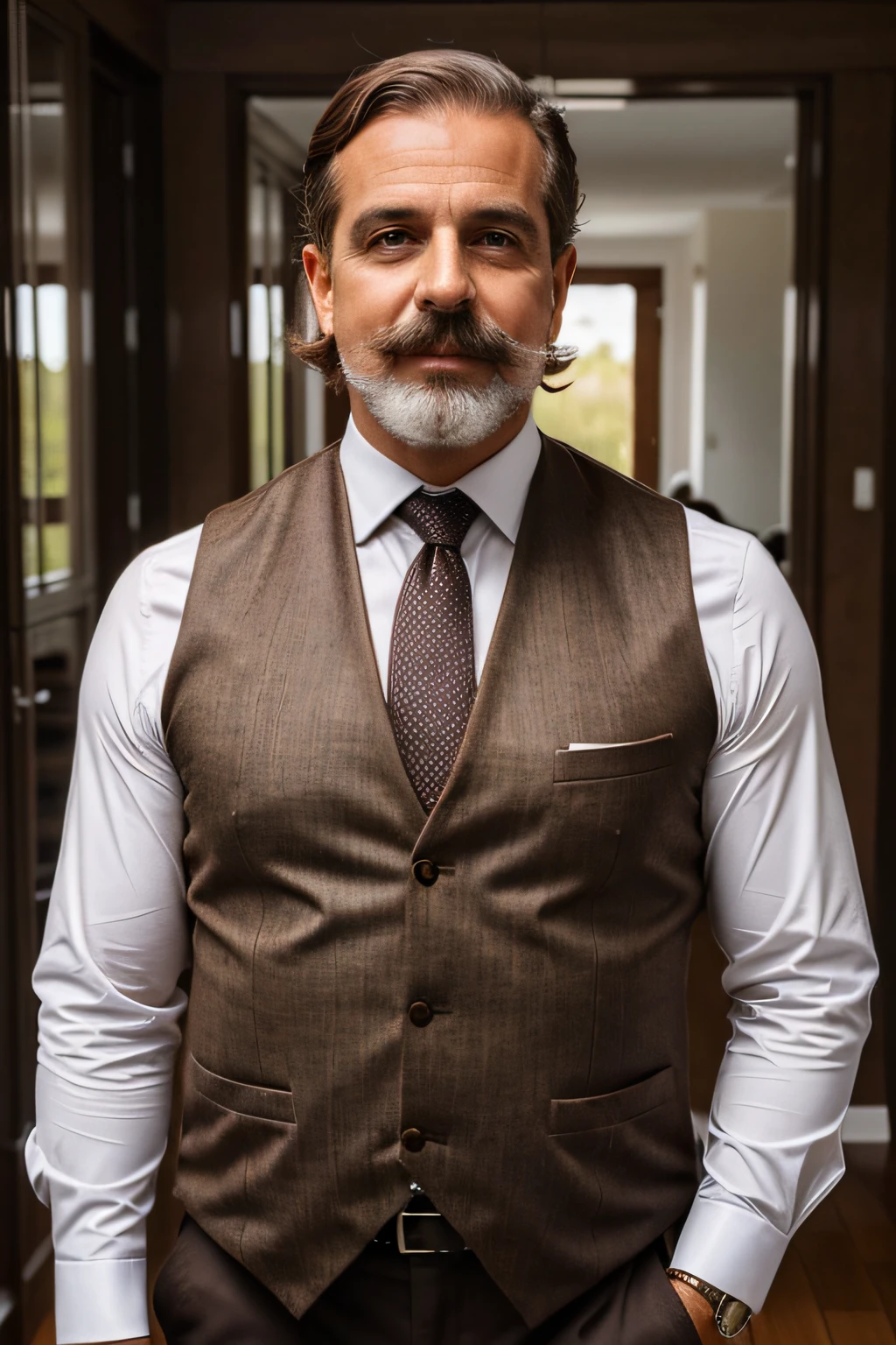 (foto de parte superior do corpo ) homem de 40 anos, cabelo parcialmente grisalho e bigode, is wearing brown vest and tie