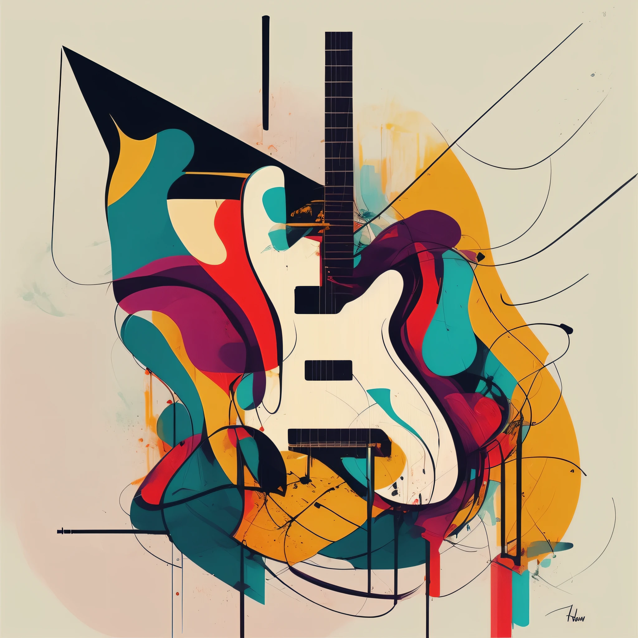Pintura abstrata de uma guitarra com um design colorido, acoustic guitar, Concept art of acoustic guitar, Arte de Alessandro Pautasso, in illustration style digital, por Tim Bishop, inspirado em Tim Biskup, contemporary digital art, Artwork, Directed by: Justino Geraldo, Por Jake Parker, music, digital illustration -, conceito abstrato, MusicAlidade Graphic