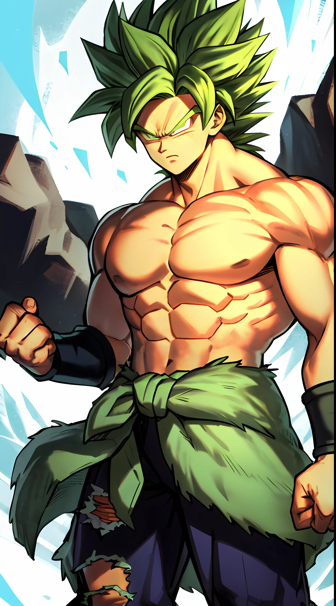 Broly, 1boy, closed mouth, male focus, muscular, muscular male, rock, sash, serious, solo, spiked hair, topless male, torn clothes, legendary super saiyan, green eyes, green hair, ((masterpiece))