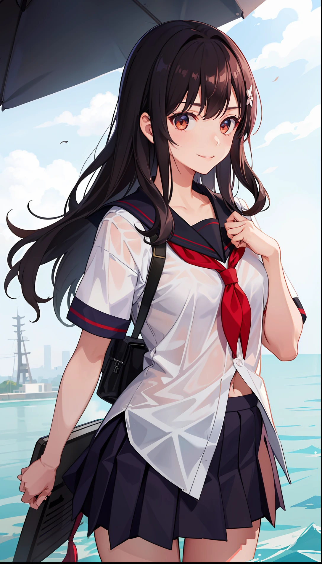 1girl in、A smile、The shirt、skirt by the、(small tits)Chilarism、Japan High School Student Uniform、serafuku、summer clothing、Squall Drenched Uniform、(Sheer Bra)、Upper body portrait、