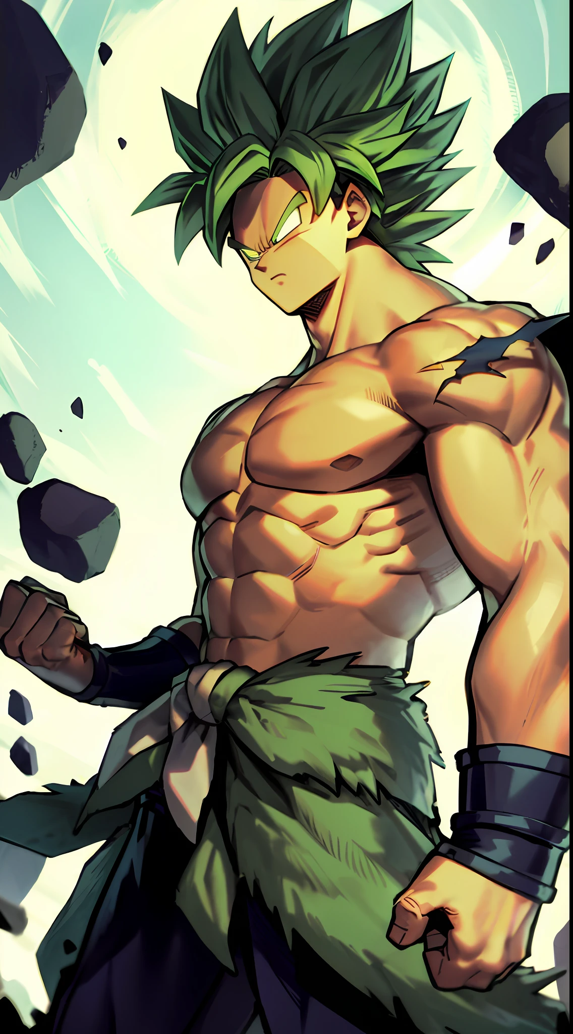 Broly, 1boy, closed mouth, male focus, muscular, muscular male, rock, sash, serious, solo, spiked hair, topless male, torn clothes, legendary super saiyan, green eyes, green hair, ((masterpiece))