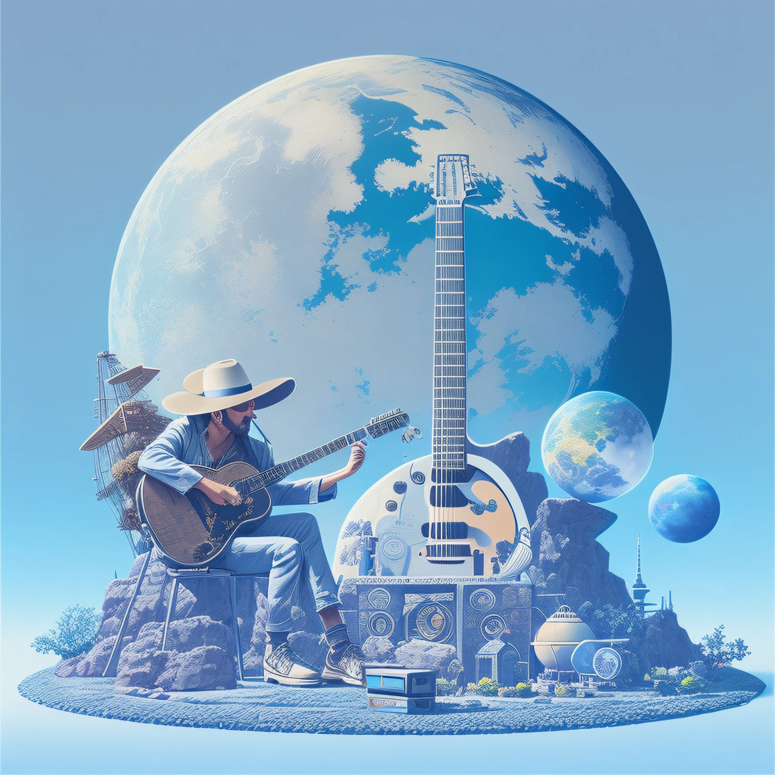 there is a man sitting in a chair playing a guitar, Greg Beeple, Beeple e Jean Giraud, Dan McPharlin, estilo de tim branco, Arte de Moebius, higher detailed illustration, inspirado em Rodney Matthews, ONU e Michael Whelan, em outro planeta, Beeple e Tim Hildebrandt, Directed by: Randy Gallegos, Thomas Veyrat intrincado
