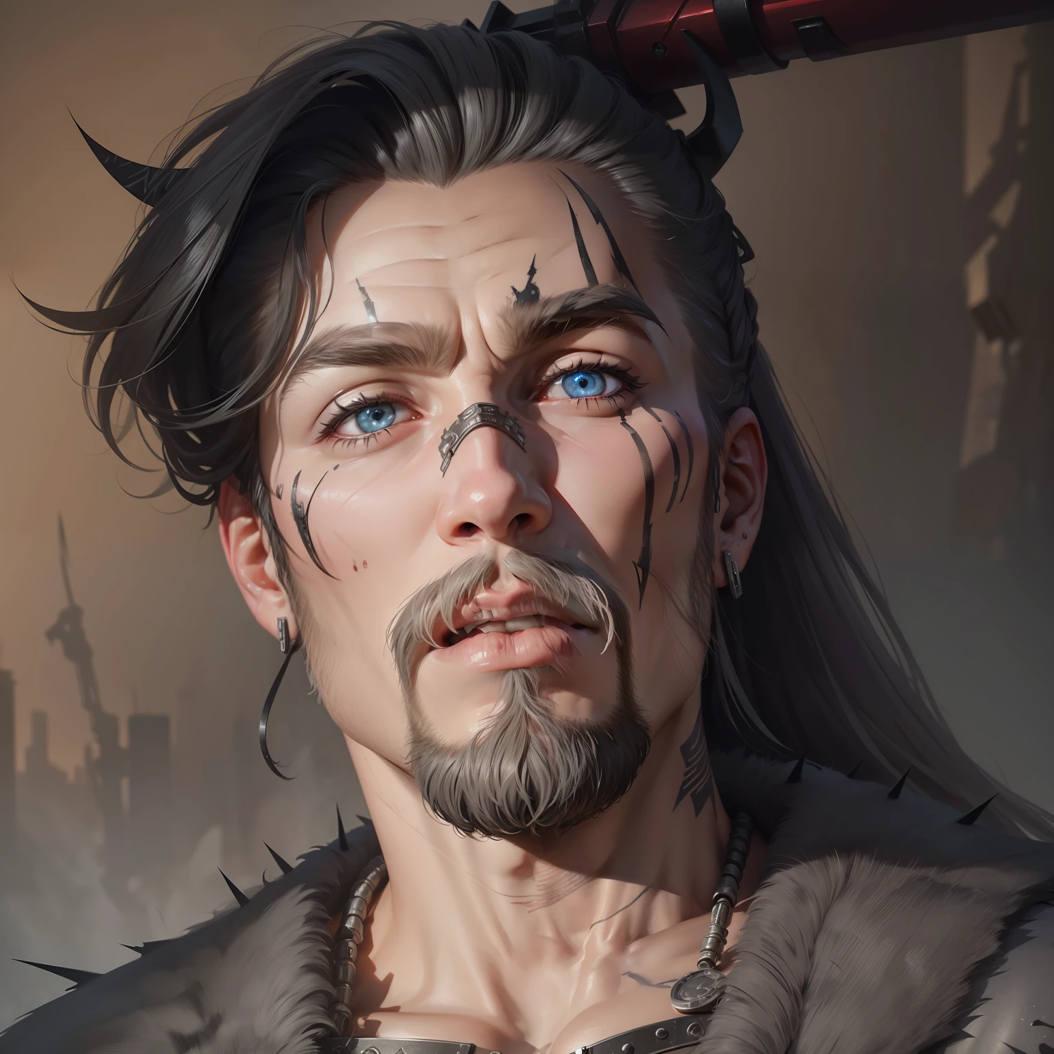A cybernetic viking man in the range of 27 years old, barbaric muscular stereotype, with Viking wolf fur coat (Viking mechanical parts: 1.5), fighting, gloomy bright eyes, short hair, tight supersuit torn, in a destroyed city, smoke and fire, aura of brilliant power, dynamic pose, dynamic vision, hyper detailed, 8k quality, with tattoo on the arm,  Clock of thorns in the ????? and in the headset, merge images, hyper realism. Enjoy original photo base, mechanical and human bust with Viking coat of arms thorns. With gray goatee and gray hair, blood dripping down his face.