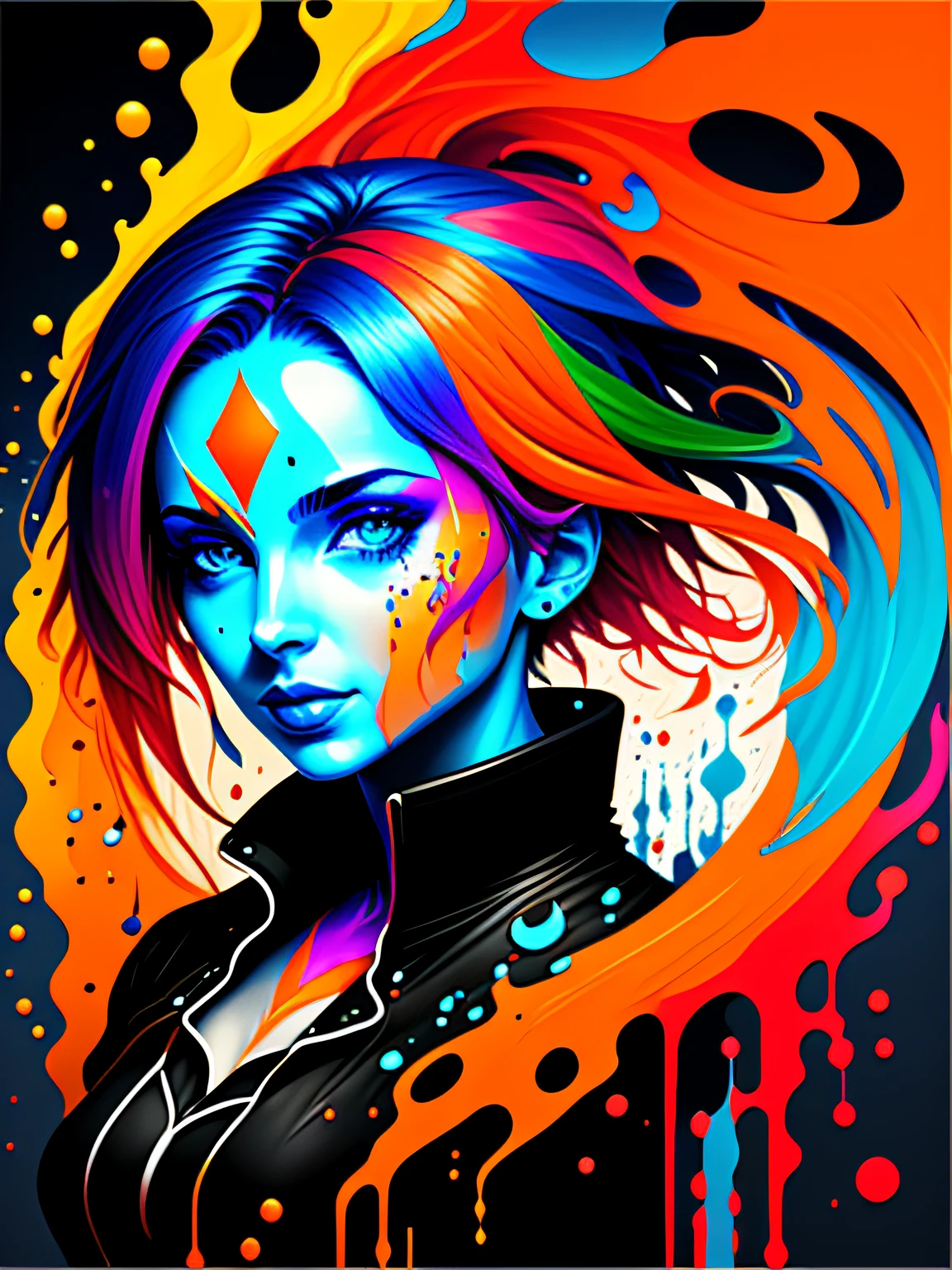 a painting of a woman with colorful hair, fantasy game spell icon, splashes of liquid, computer game art, hyperdetailed colourful, fantasy colours, avatar image, strong blue and orange colors, beautiful avatar pictures, body painted with black fluid, digital art h 9 6 0, rich colourful