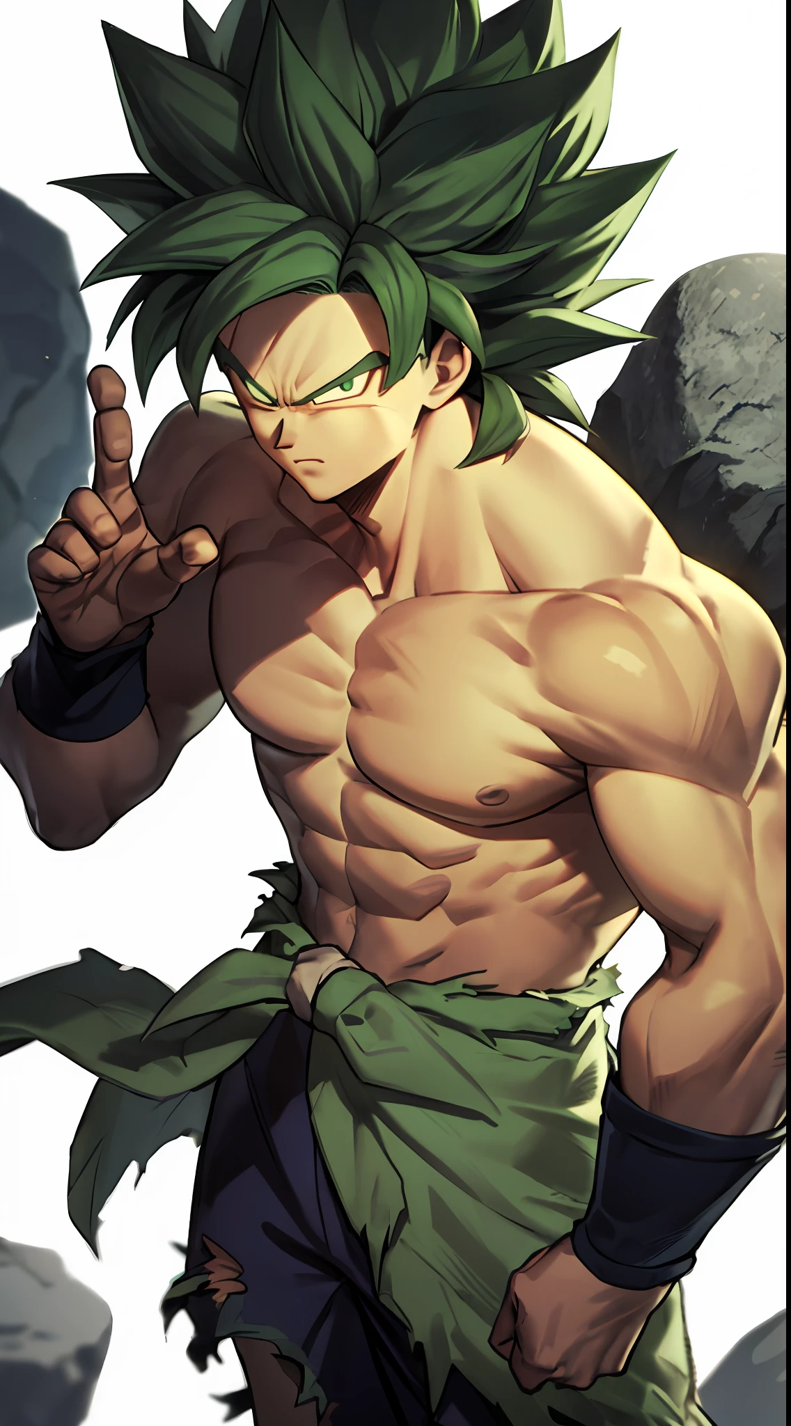 Broly, 1boy, closed mouth, male focus, muscular, muscular male, rock, sash, serious, solo, spiked hair, topless male, torn clothes, legendary super saiyan, green eyes, green hair, ((masterpiece))