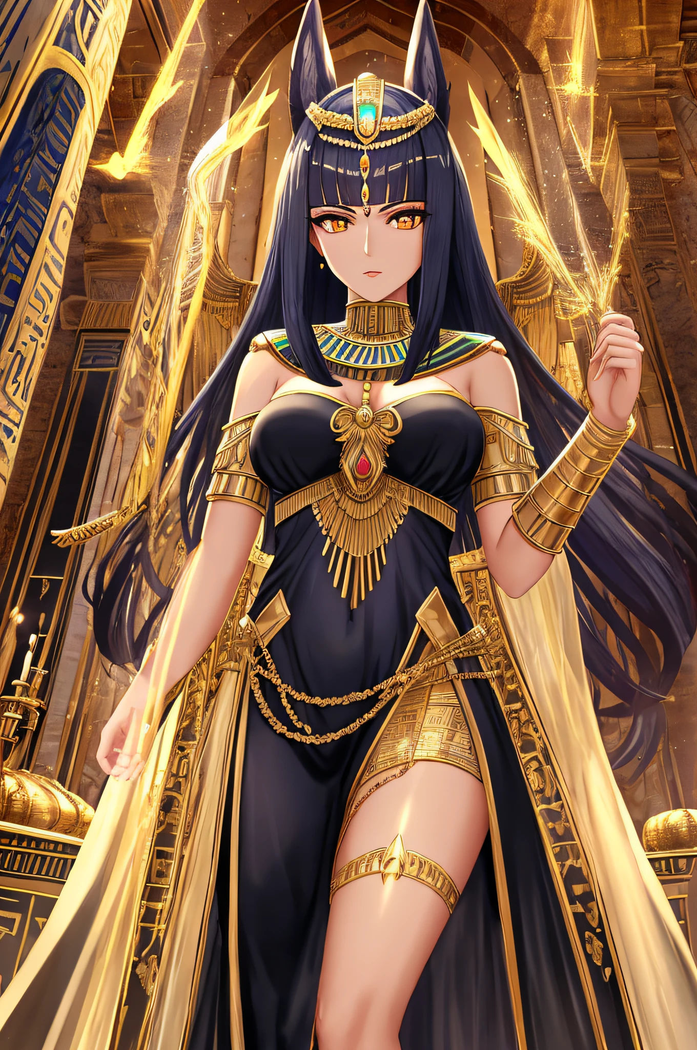 a magical woman with powers, vestida com roupas de uma rainha do antigo egito, on an altar of ancient Egypt and the God Anubis behind with his glowing eyes, Female Godanubis with jackal head on front altar, redemoinho de fogo, aura, magia, Sparks, magia astral, ornamentado, Behind the woman is the head of Anubis, realista, 8k, ultra realista, hiper realista