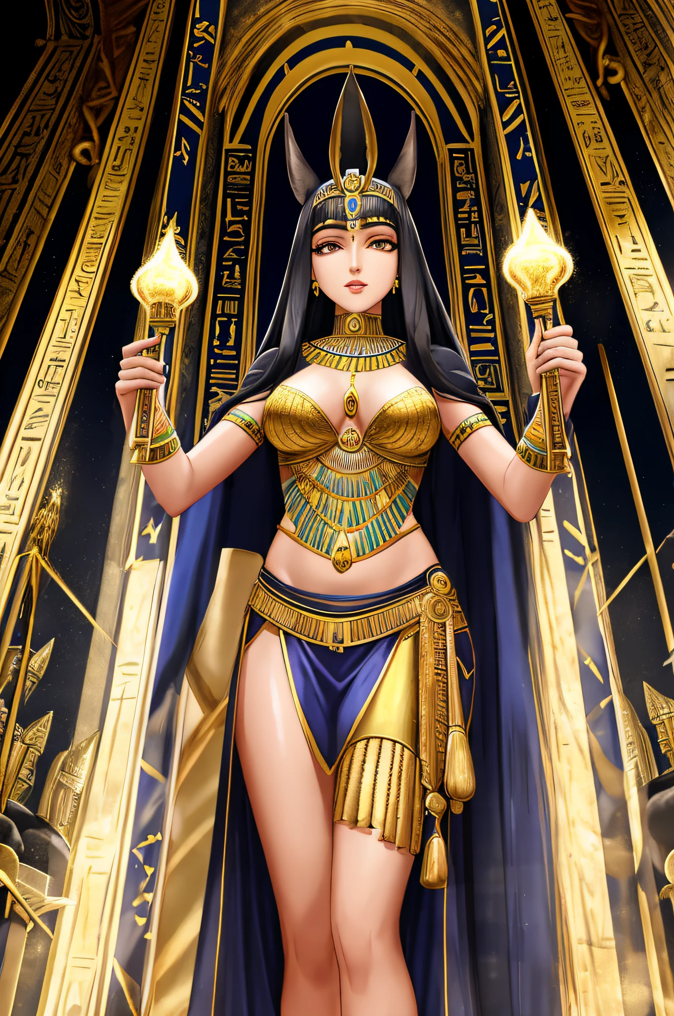 a magical woman with powers, vestida com roupas de uma rainha do antigo egito, on an altar of ancient Egypt and the God Anubis behind with his glowing eyes, Female Godanubis with jackal head on front altar, redemoinho de fogo, aura, magia, Sparks, magia astral, ornamentado, Behind the woman is the head of Anubis, realista, 8k, ultra realista, hiper realista