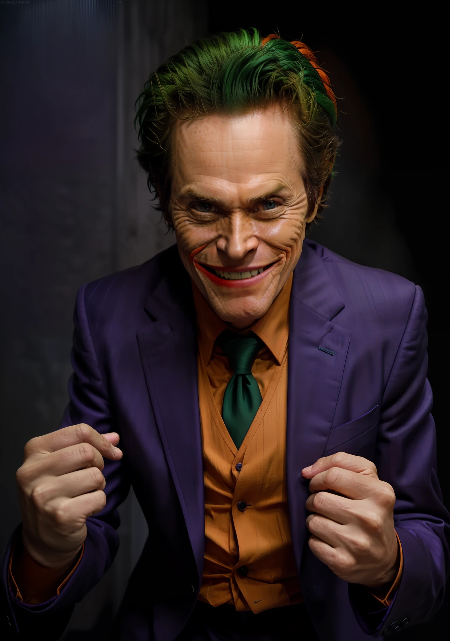 Willem Dafoe being the joker, purple suit, orange shirt, green hair with black details, cruel pose, Surrealism, anaglyph, stereogram, tachi-e, pov, atmospheric perspective, 8k, super detail, ccurate, best quality, in gotham city, scrutinized theme, perfect framing, modern art, purple tie, orange shirt and purple suit, smiling face, rosto com maquiagem branca