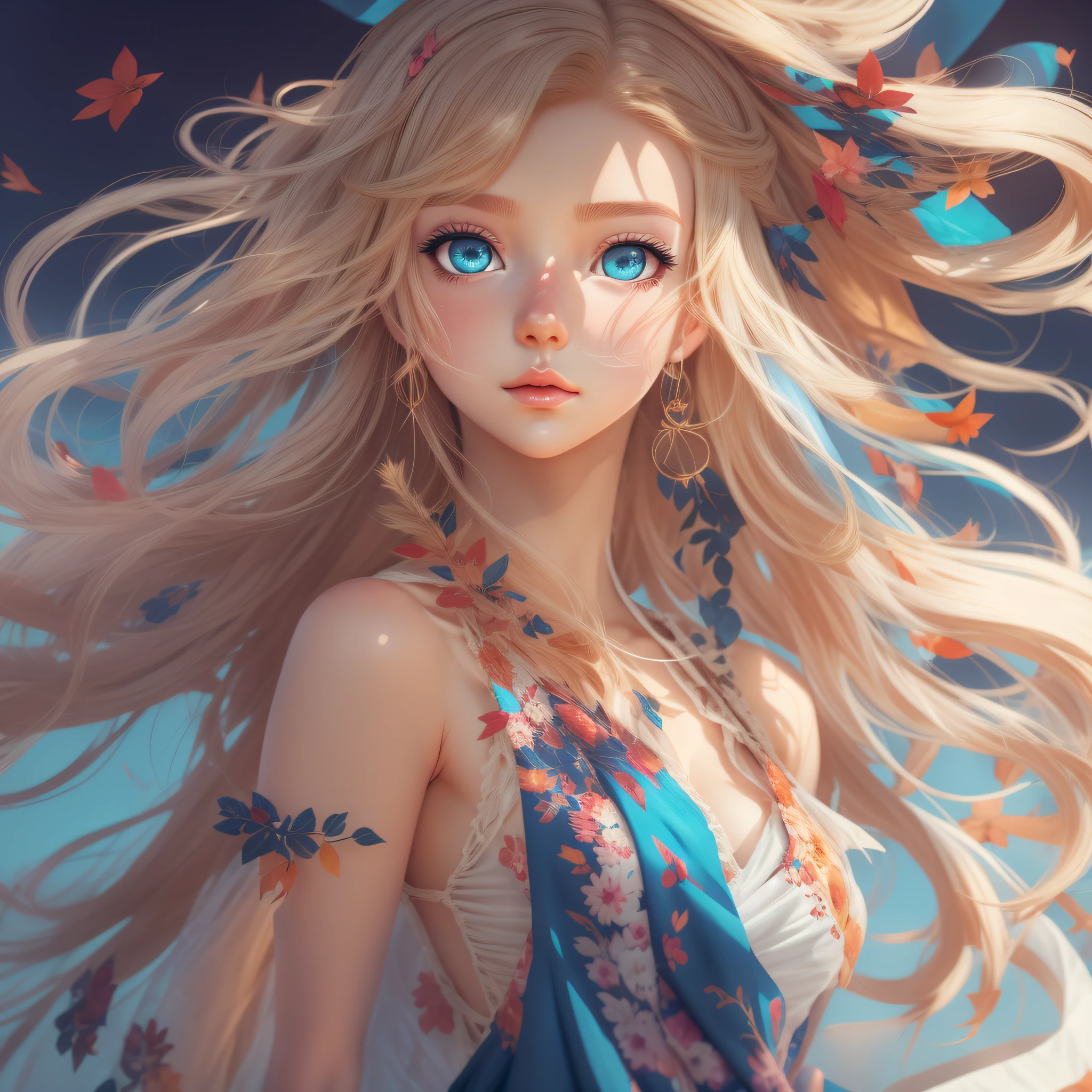 araffe woman with long blonde hair and blue eyes in a fantastic dress made in fabulous fabric, Wild Art Breathing Style, detailed digital anime art, colorful, stunning art style, Artgerm and Atey Ghailan, Zelda Botw, detailed and cute digital art, beautiful digital art, beautiful anime art, cute anime art style, trending on ArtStation Pixiv, anime style digital art, Tran Ross style, Vray Tracing Style, DSLR, 8k