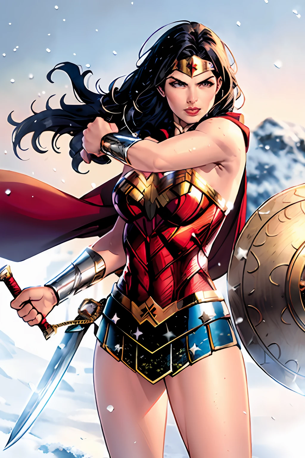 jim lee,

1girl, wonder woman, armlet, black hair, blurry, bracer, breath, cape, cowboy shot, depth of field, holding, holding weapon, lasso, looking at viewer, parted lips, pommel, realistic, reverse grip, shield, skirt, snow, snowing, solo, superhero, sword, tiara, toned, weapon, weapon behind back

, ((masterpiece))