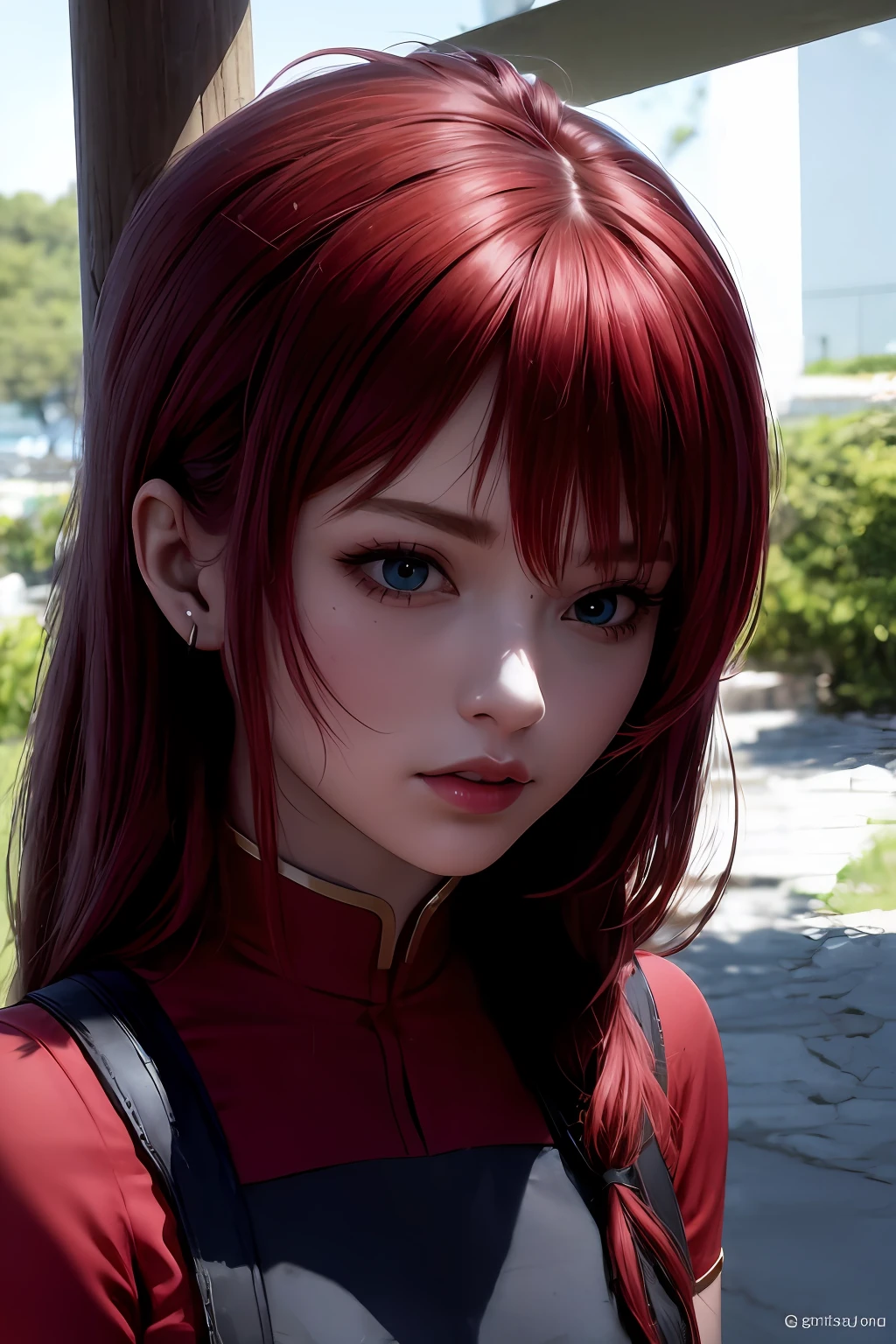 um close up de uma mulher com cabelos ruivos e um vestido vermelho, photorealistic anime girl rendering, Estilo anime 3D realista, 3 d anime realista, anime fotorrealista, menina anime jovem realista, 8k portrait render, anime hiper realista, close up de uma jovem garota de anime, Arte no estilo de Guweiz, estilo realismo anime, Guweiz