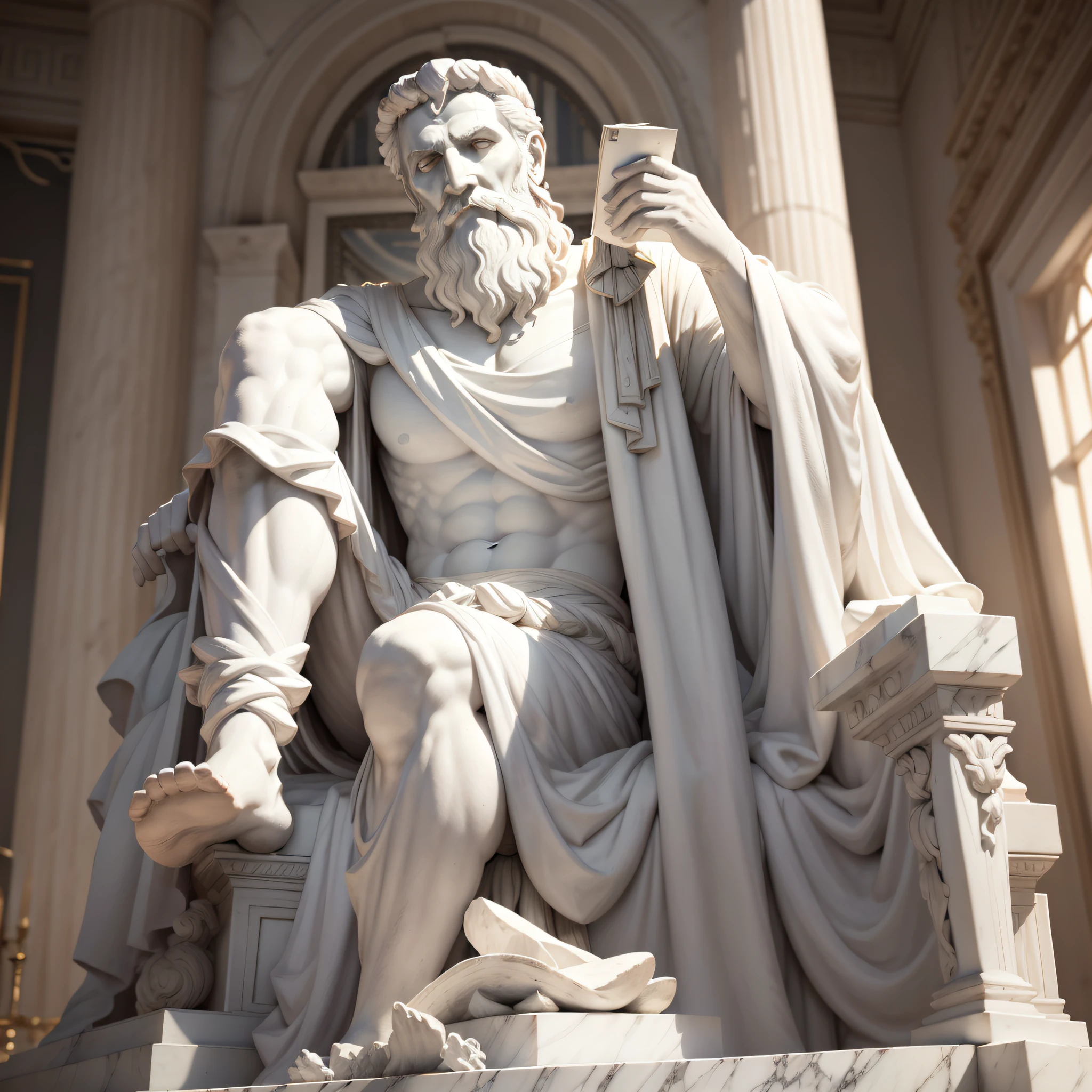 A realistic full-length Greek white marble statue of Epicurus wearing a ghostly toga, fundo neutro, Moody, , fotorrealista, cinematographic scene, super detalhada, hiper realista, luzes brilhantes, 8 K