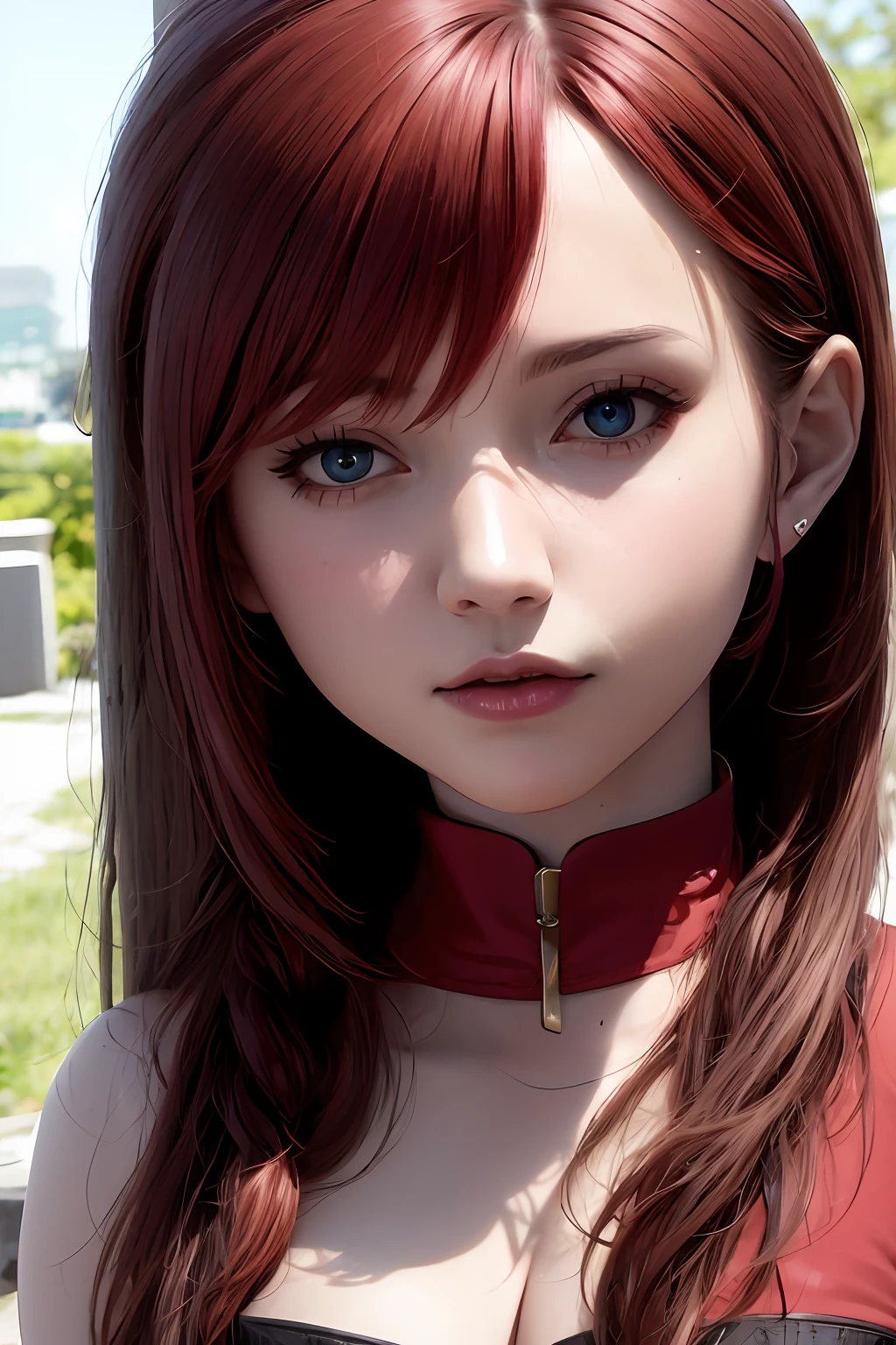 um close up de uma mulher com cabelos ruivos e um vestido vermelho, photorealistic anime girl rendering, Estilo anime 3D realista, 3 d anime realista, anime fotorrealista, menina anime jovem realista, 8k portrait render, anime hiper realista, close up de uma jovem garota de anime, Arte no estilo de Guweiz, estilo realismo anime, Guweiz