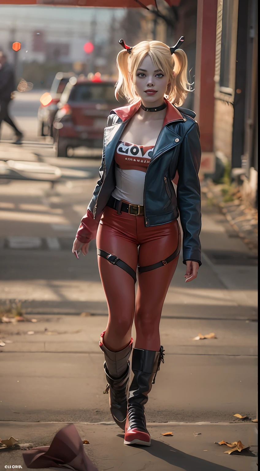 margot robbie as a gorgeous Harley Quinn standing on ground at city market, wind in the hair, (8k:1.2) best lighting