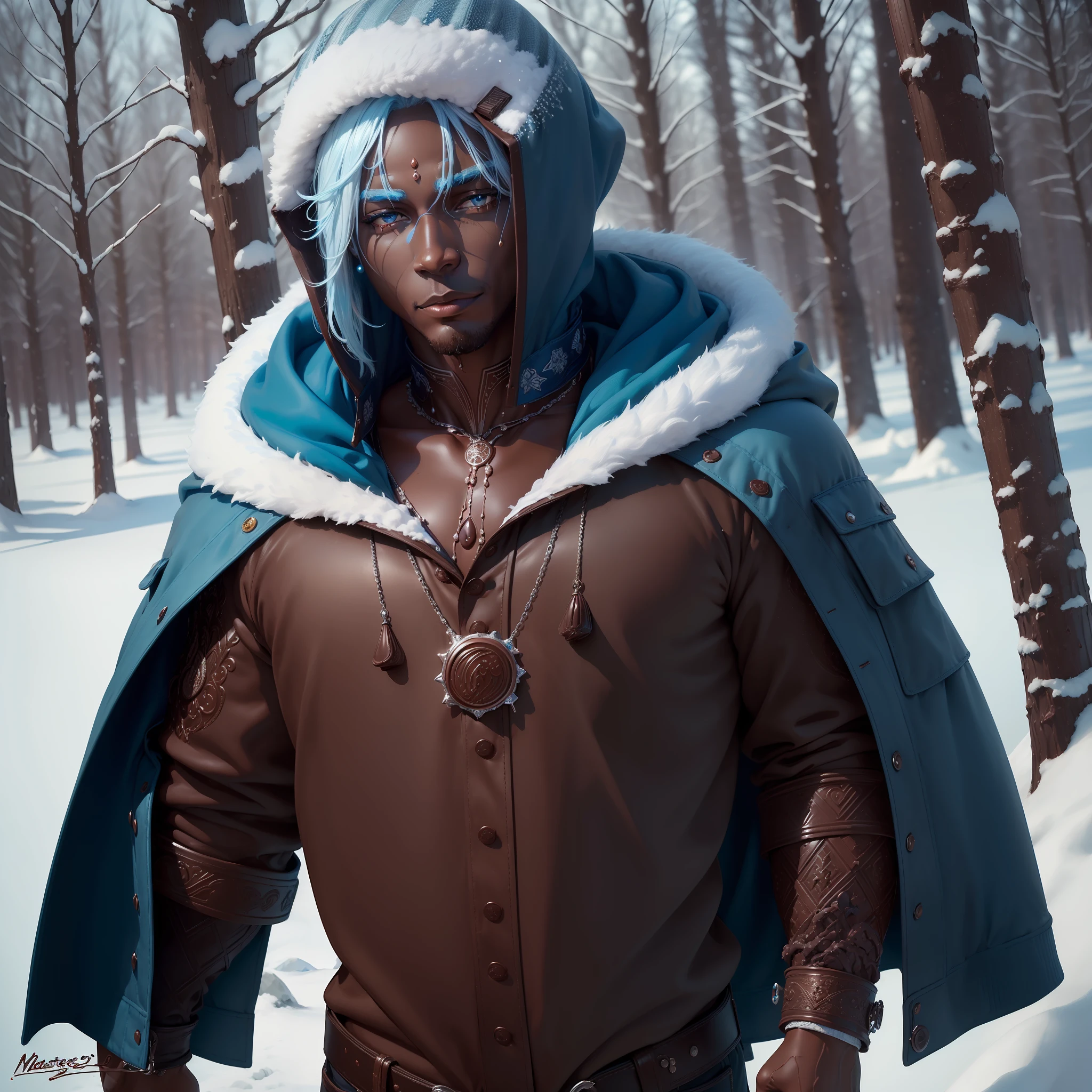(masterpierce, highly quality, highly detailed:1.3), ((a man)), (chocolate skin:1.4), (cold clothes), snow, trees, cold colors, (cold ilumination), (blue hair:1.3)