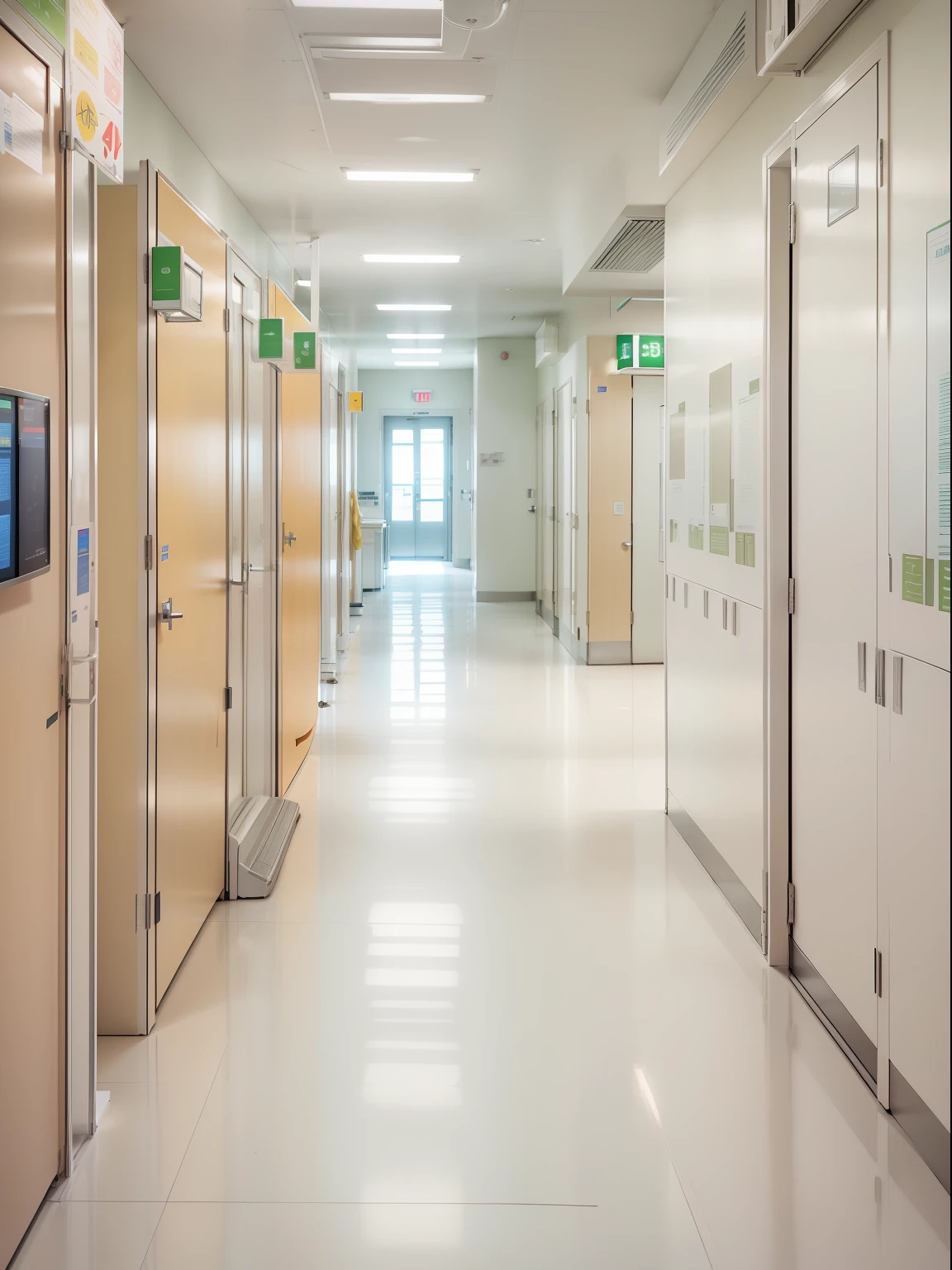 Create an image of a hospital hallway with three large doors on the sides and one in the background with a central counter with computers, com um pisa laminado claro, a wall protector at the height of 1 meter and 20 centimeters from the ground.