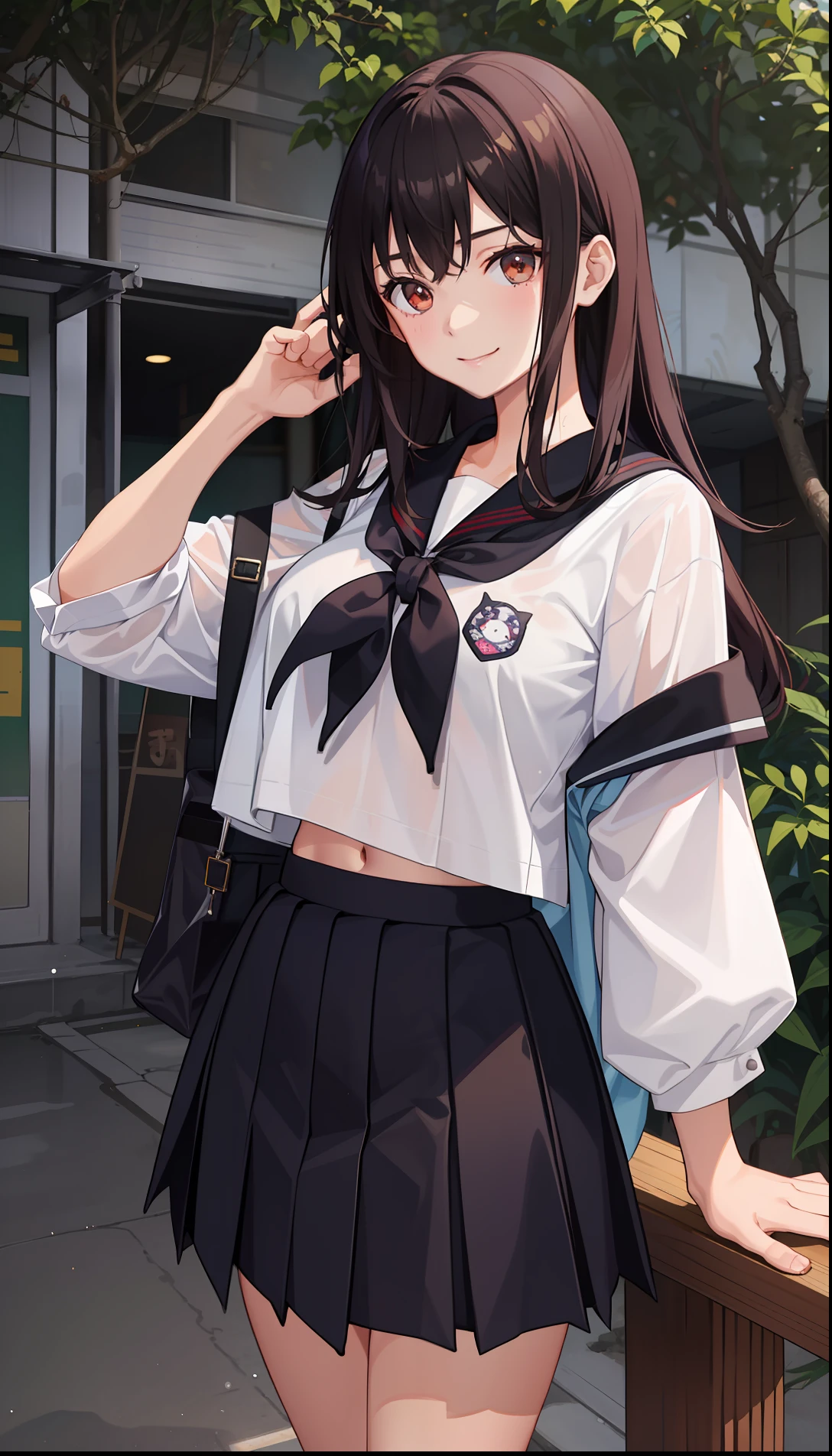 1girl in、A smile、The shirt、skirt by the、(small tits)Chilarism、Japan High School Student Uniform、serafuku、summer clothing、Squall Drenched Uniform、(Sheer Bra)、Upper body portrait、