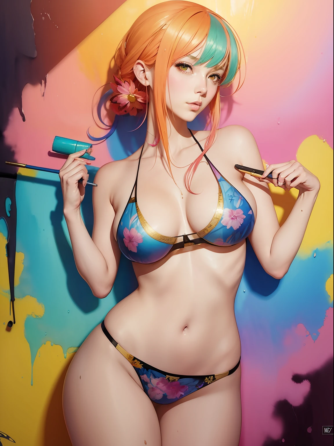 Beautiful anime watercolor painting of summerpunk lady. summer chill day, paint dripping by tim okamura, victor nizovtsev, greg rutkowski, noah bradley. trending on artstation, 8k, masterpiece, graffiti paint, fine detail, full of color, intricate detail, golden ratio illustration