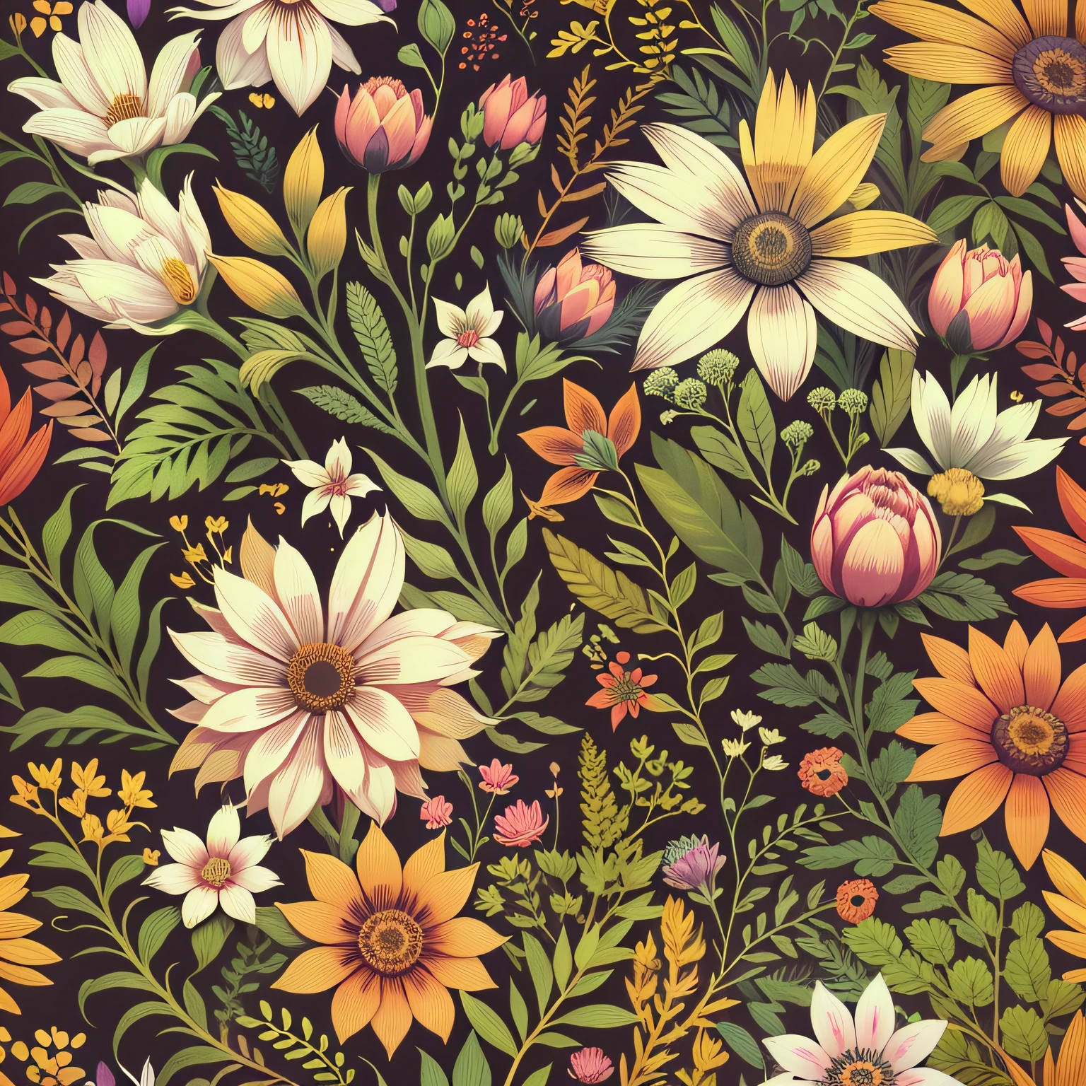 Seamless patterns, step repeating patterns design, fabric art, flat illustration, Vector, 4K, Art station, Line work,water color,digital print, highly detailed clean, vector image, photorealistic masterpiece, professional photography, wildflowers, flat background, isometric, bright vector, dark background.