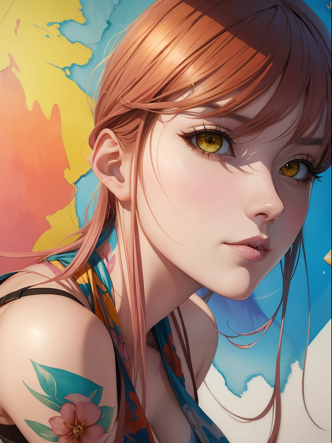 Beautiful anime watercolor painting of summerpunk lady. summer chill day, paint dripping by tim okamura, victor nizovtsev, greg rutkowski, noah bradley. trending on artstation, 8k, masterpiece, graffiti paint, fine detail, full of color, intricate detail, golden ratio illustration