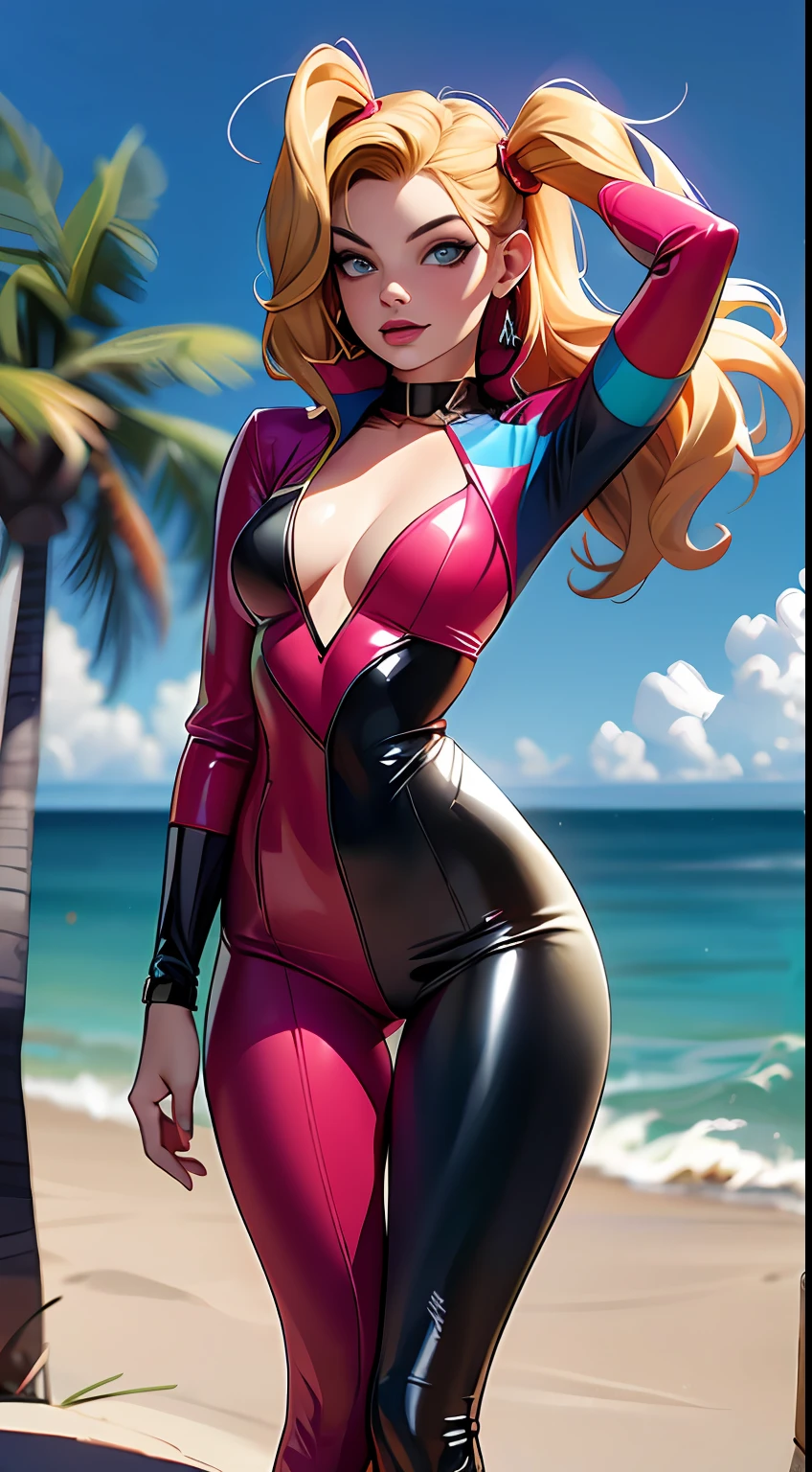 margot robbie as a gorgeous Harley Quinn standing on sand, wind in the hair, (8k:1.2)