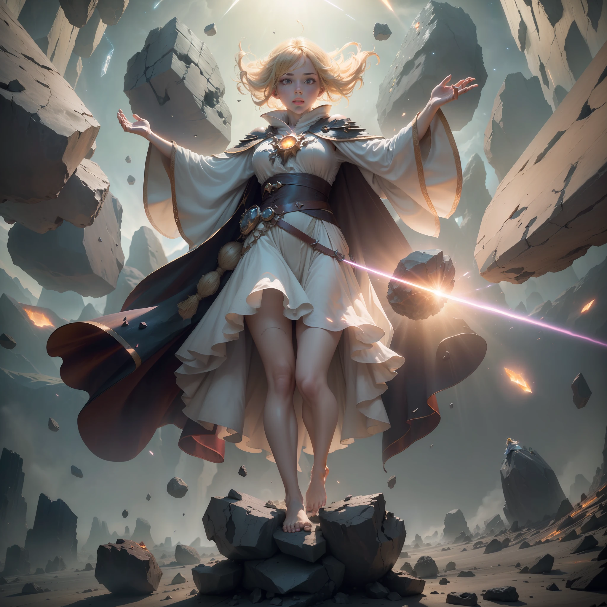 female barefoot summoner levitating with blonde hair robes and cape arms lifted up over a broken earth bright lava light from below asteroid field (jagged rocks boulders and debris shooting into the air:1.3) (windy dust debris storm:1.1) volumetric fog mist ray tracing z pass bright light from below, (masterpiece) (best quality) (detailed) (8k) (cinematic lighting) (sharp focus) (intricate)
