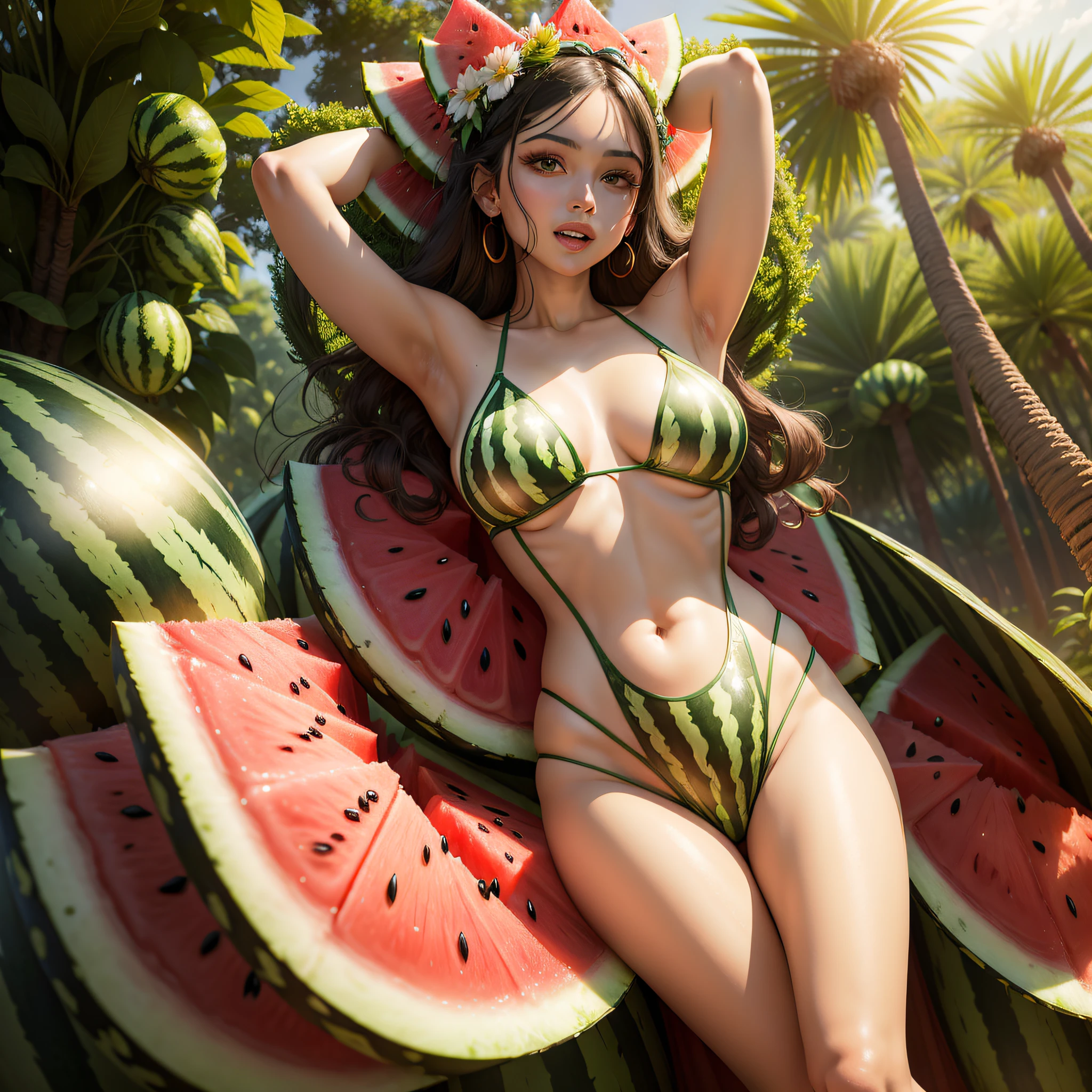 Enter an oasis where a woman in watermelon-inspired costumes revels in the refreshing ambience of a watermelon-themed paradise. Surrounded by huge slices of watermelon and vibrant décor, She personifies the joy of summer delights.