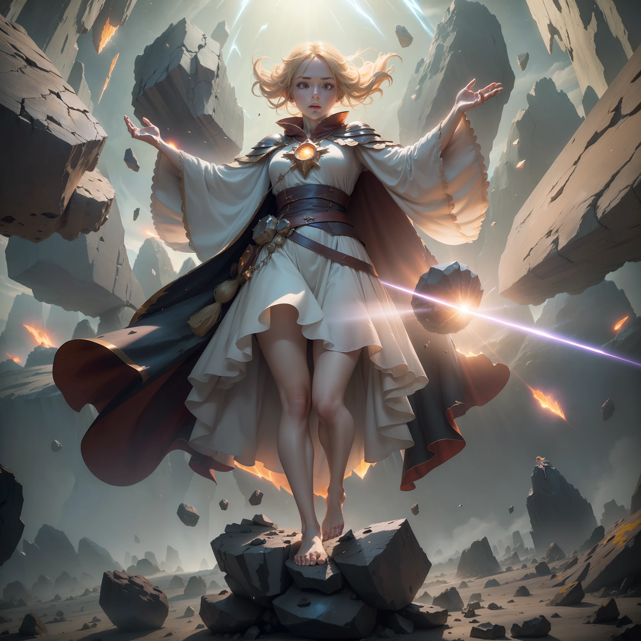 female barefoot summoner levitating with blonde hair robes and cape arms lifted up over a broken earth bright lava light from below asteroid field (jagged rocks boulders and debris shooting into the air:1.3) (windy dust debris storm:1.1) volumetric fog mist ray tracing z pass bright light from below, (masterpiece) (best quality) (detailed) (8k) (cinematic lighting) (sharp focus) (intricate)