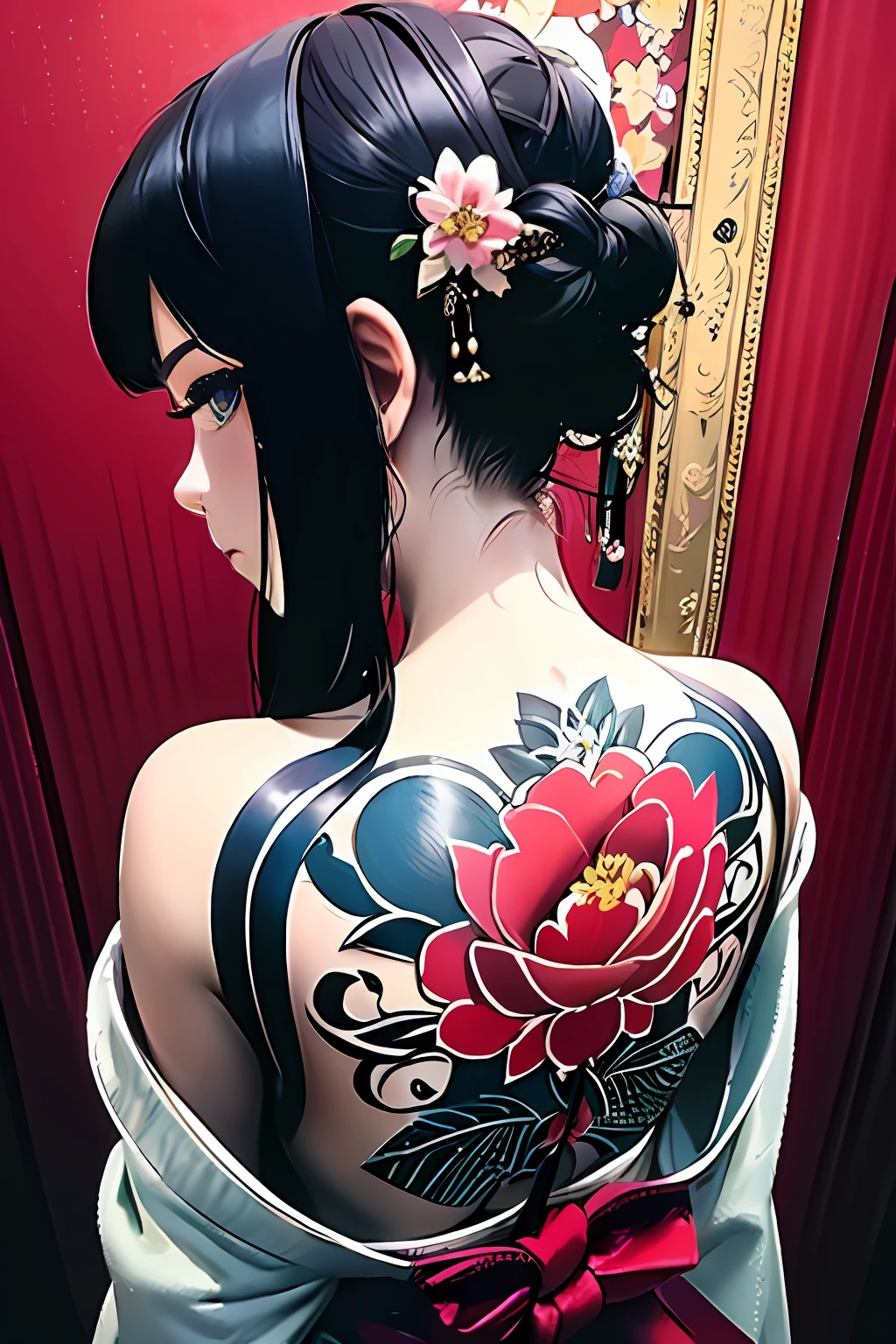 (masterpiece, top quality, best quality, official art, beautiful and aesthetic:1.2),1girl, tattoo, solo, japanese clothes,  hair ornament, unsheathing, black hair, sheath, back tattoo, blue eyes,  off shoulder, bare shoulders, looking back, from behind, flower, looking at viewer,  holding, makeup, 
indoor,