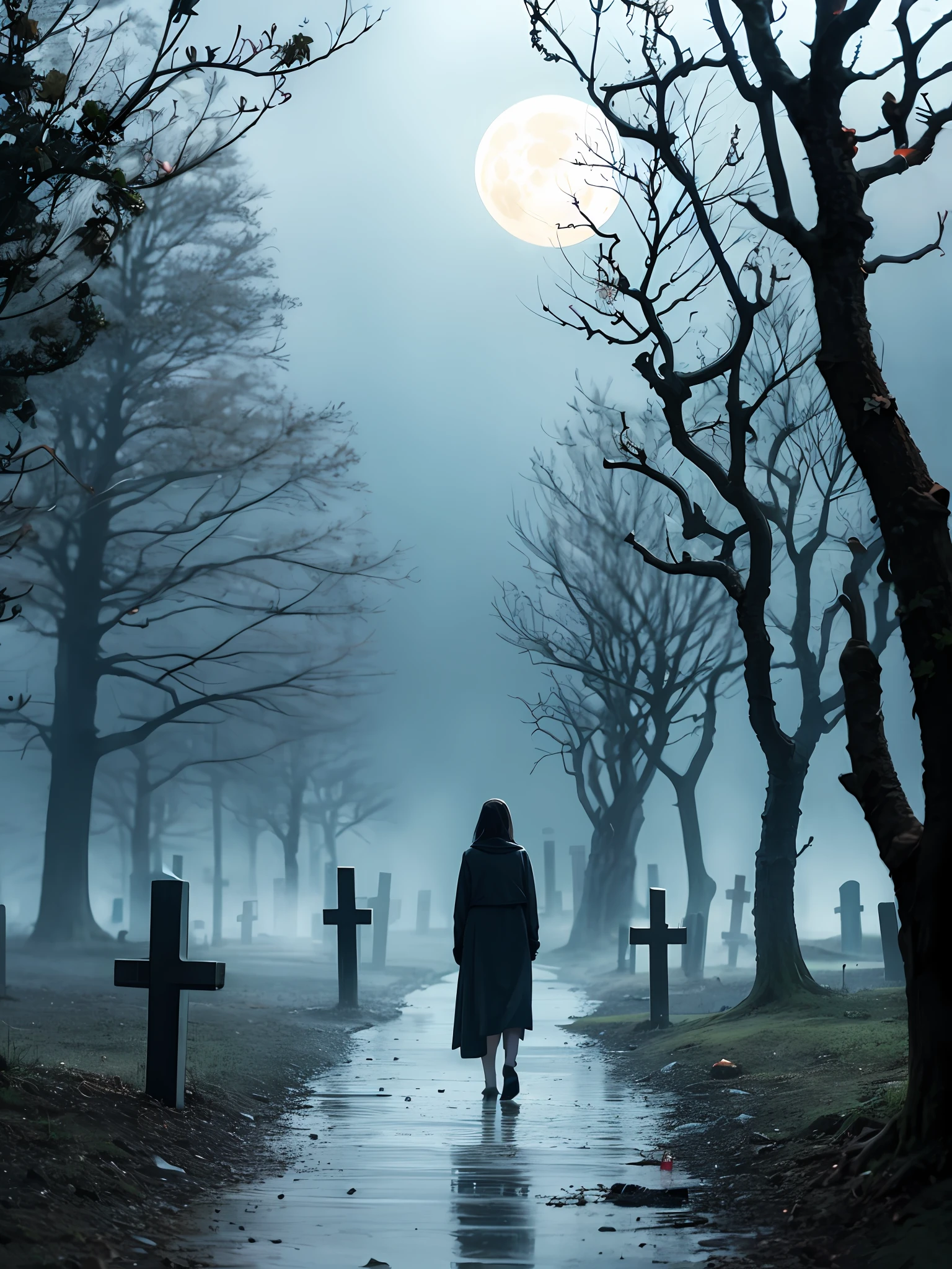 A cemetery with tree of dry branches moon fog foggy zombies walking very realistic 8k hig definition intricate Total quality sinister atmosphere depth field 1:2 Highly detailed cinematic style movies Victor saves
