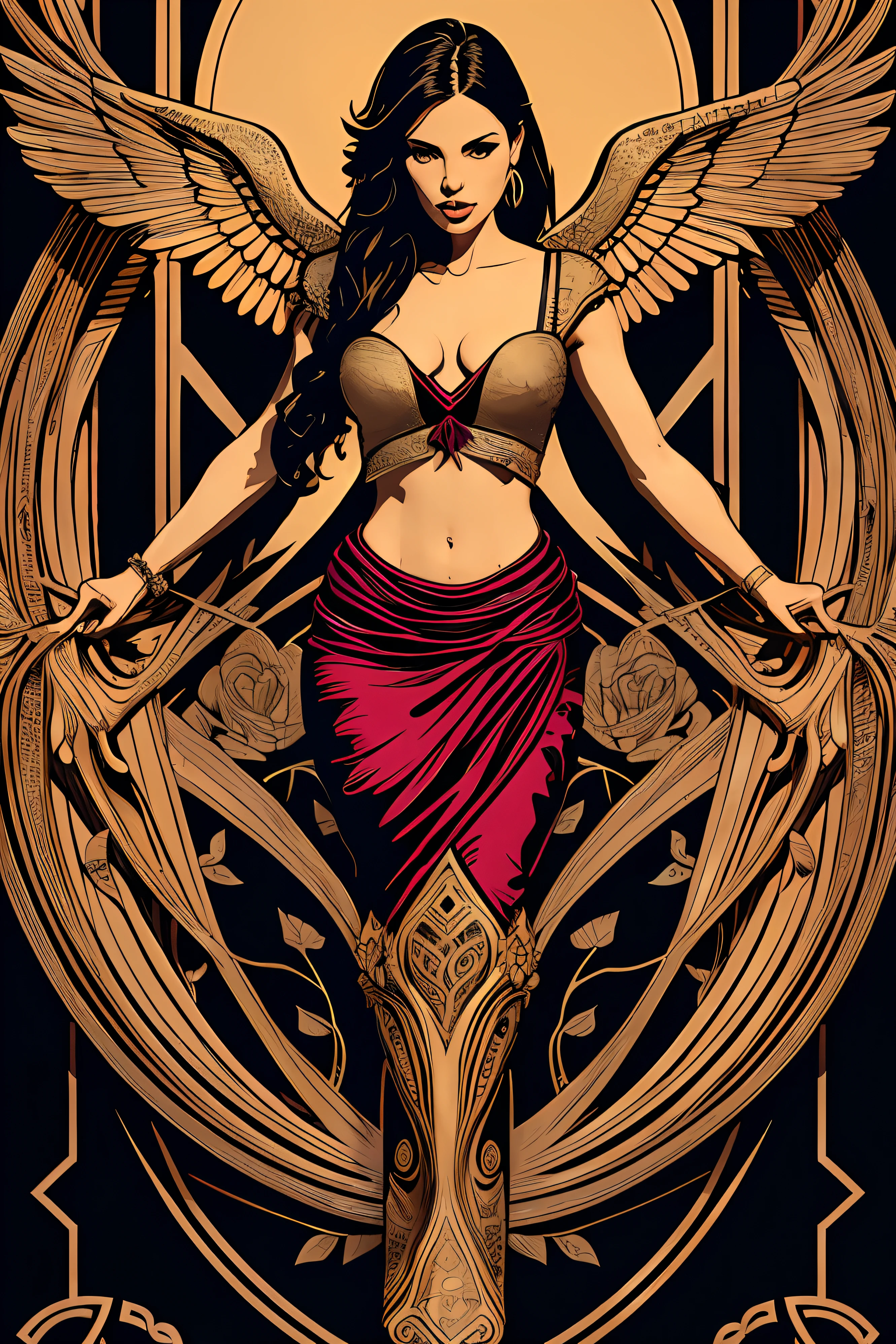 Flyer, sexy hot woman, rose petals, Mexican decoration, god, angels,
vector flat, gold, black, 
Aaron Horkey, 
masterpiece, ultra high res, high quality, vectorial art