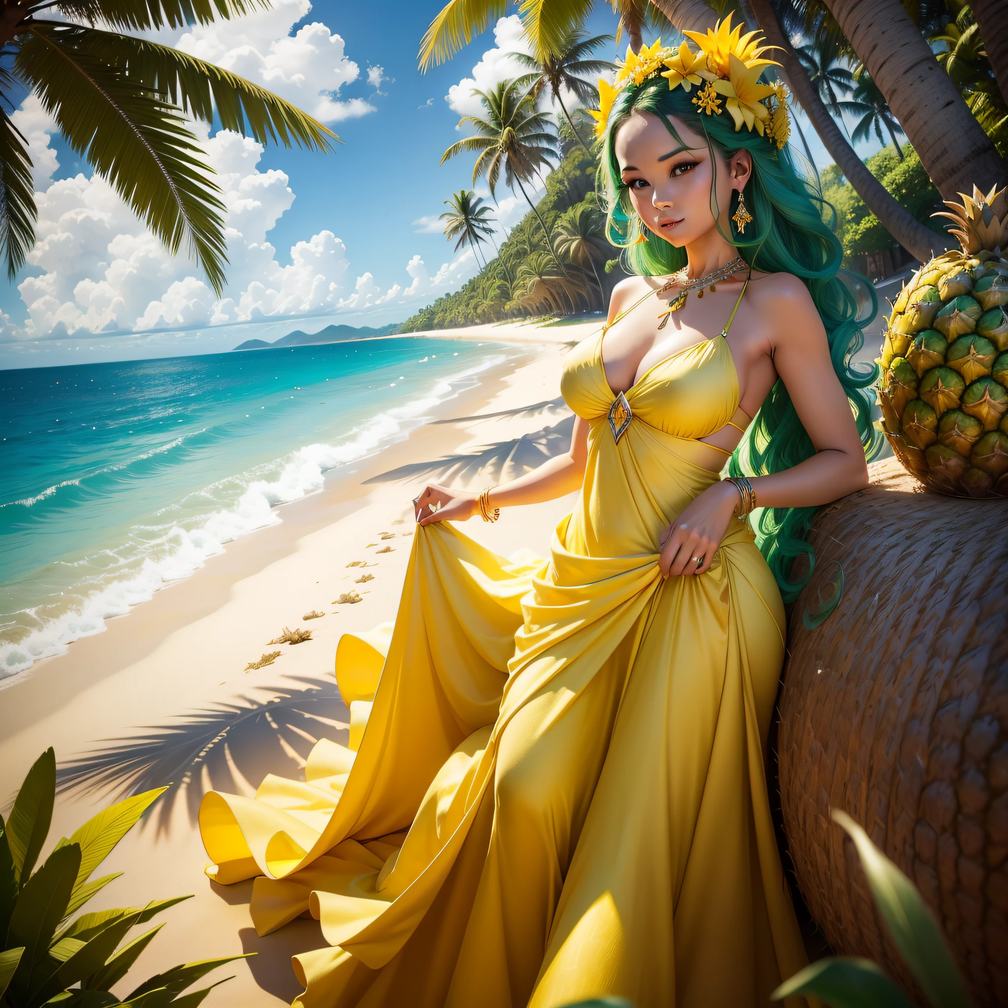 Imagine a stunning woman embodying the allure of a pineapple goddess on a tropical beach. Her flowing yellow and green dress recalls the vibrant colors of a pineapple, and she poses gracefully amid undulating palm trees and crystal clear waters.