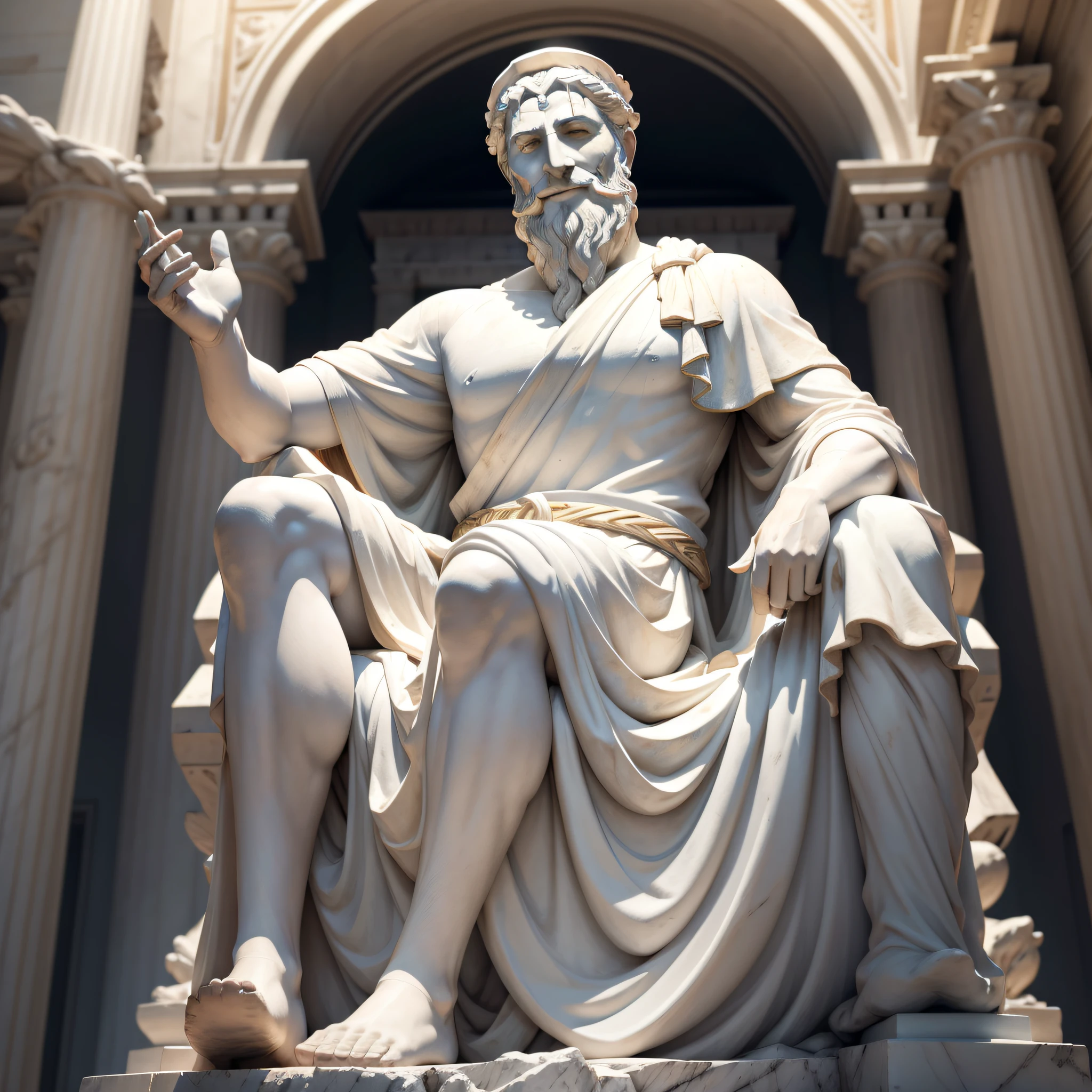 A realistic full-length Greek white marble statue of Epicurus smiling cheerfully amused wearing a ghostly toga, fundo neutro, Moody, , fotorrealista, cinematographic scene, super detalhada, hiper realista, luzes brilhantes, 8 K