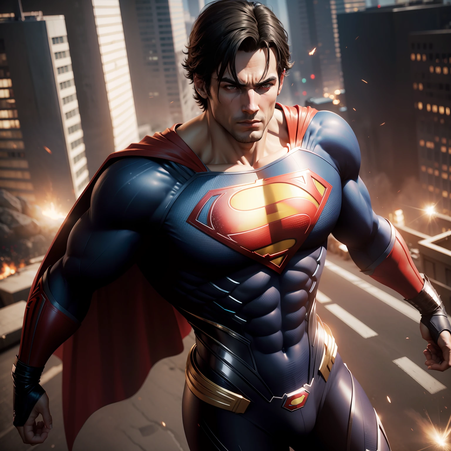 Superman com roupa preta destruindo a cidade, ultrarealista, 3d, unreal engine, ultradetalhado