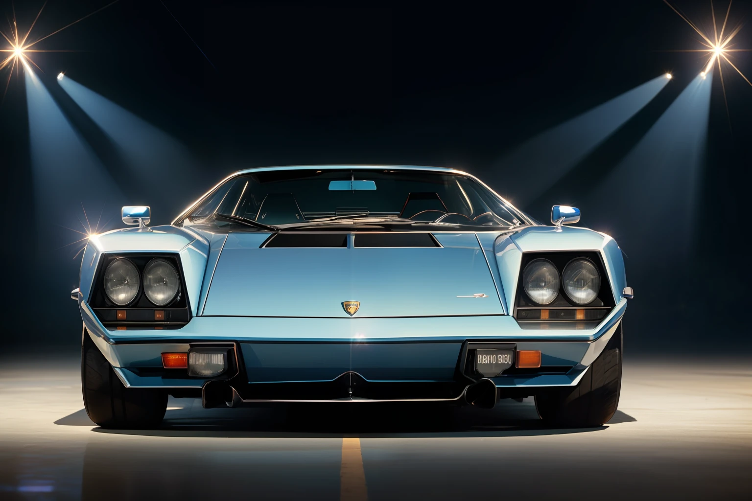 (masterpiece)+, (Best Quality)+, (Intricate Detail)+, 1974 Lamborghini Bravo, Blue paint highlights, showroom concept, lens flare, camera artefact, professional photographer, 4k, HDR, longitudinal symmetry
