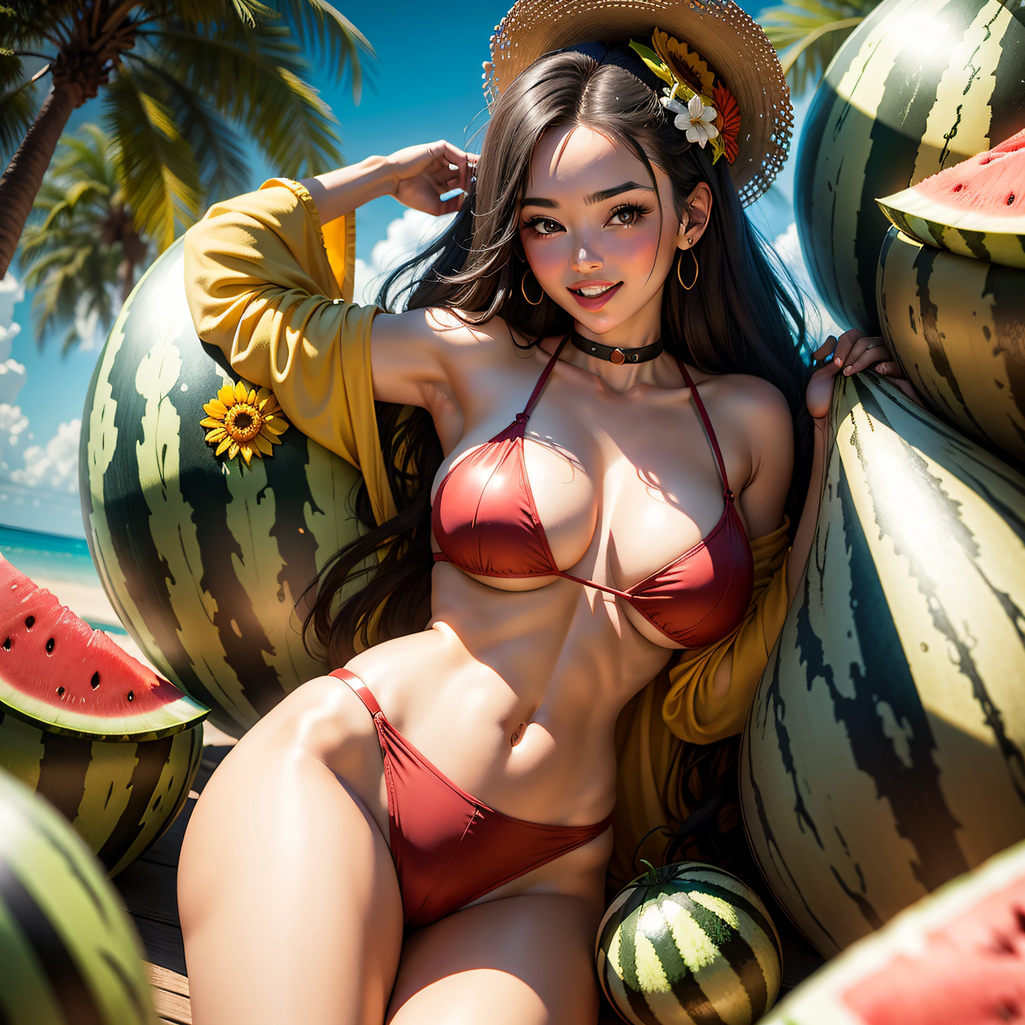 Enter an oasis where a woman in watermelon-inspired costumes revels in the refreshing ambience of a watermelon-themed paradise. Surrounded by huge slices of watermelon and vibrant décor, She personifies the joy of summer delights.